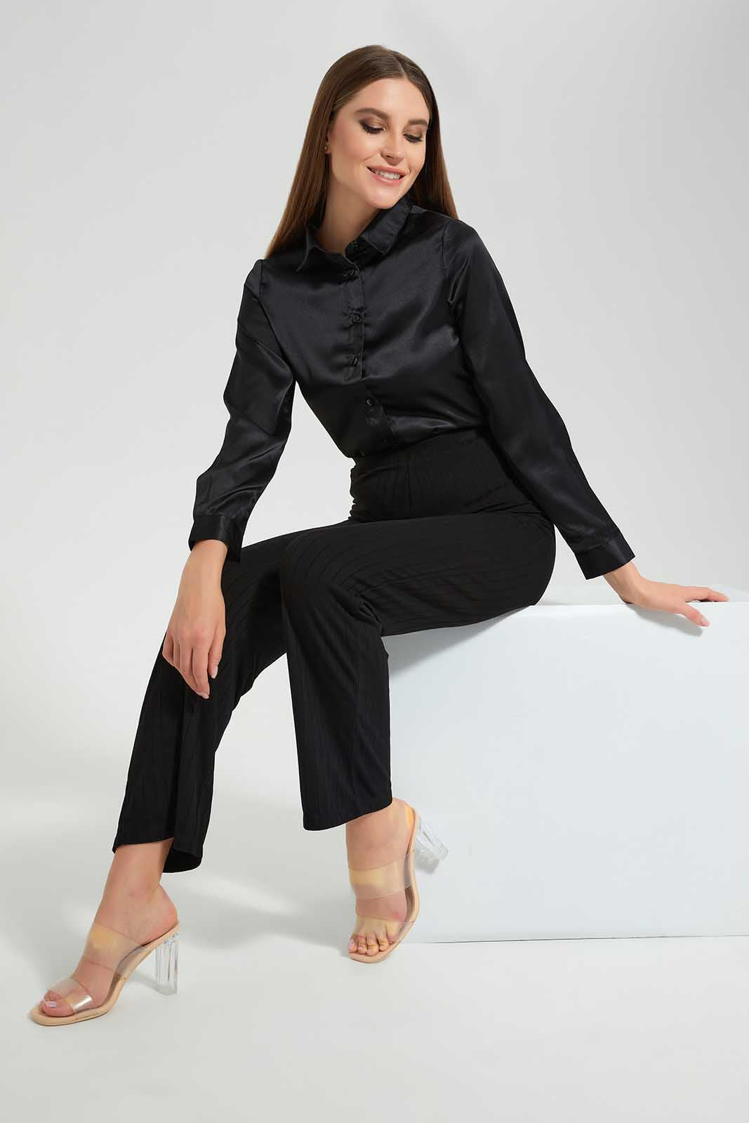 Redtag-Black-Collared-Longsleeve-Blouse-Category:Blouses,-Colour:Black,-Deals:New-In,-Filter:Women's-Clothing,-LEC,-LEC-Blouses,-New-In-LEC,-Non-Sale,-Section:Women,-W22O-Women's-