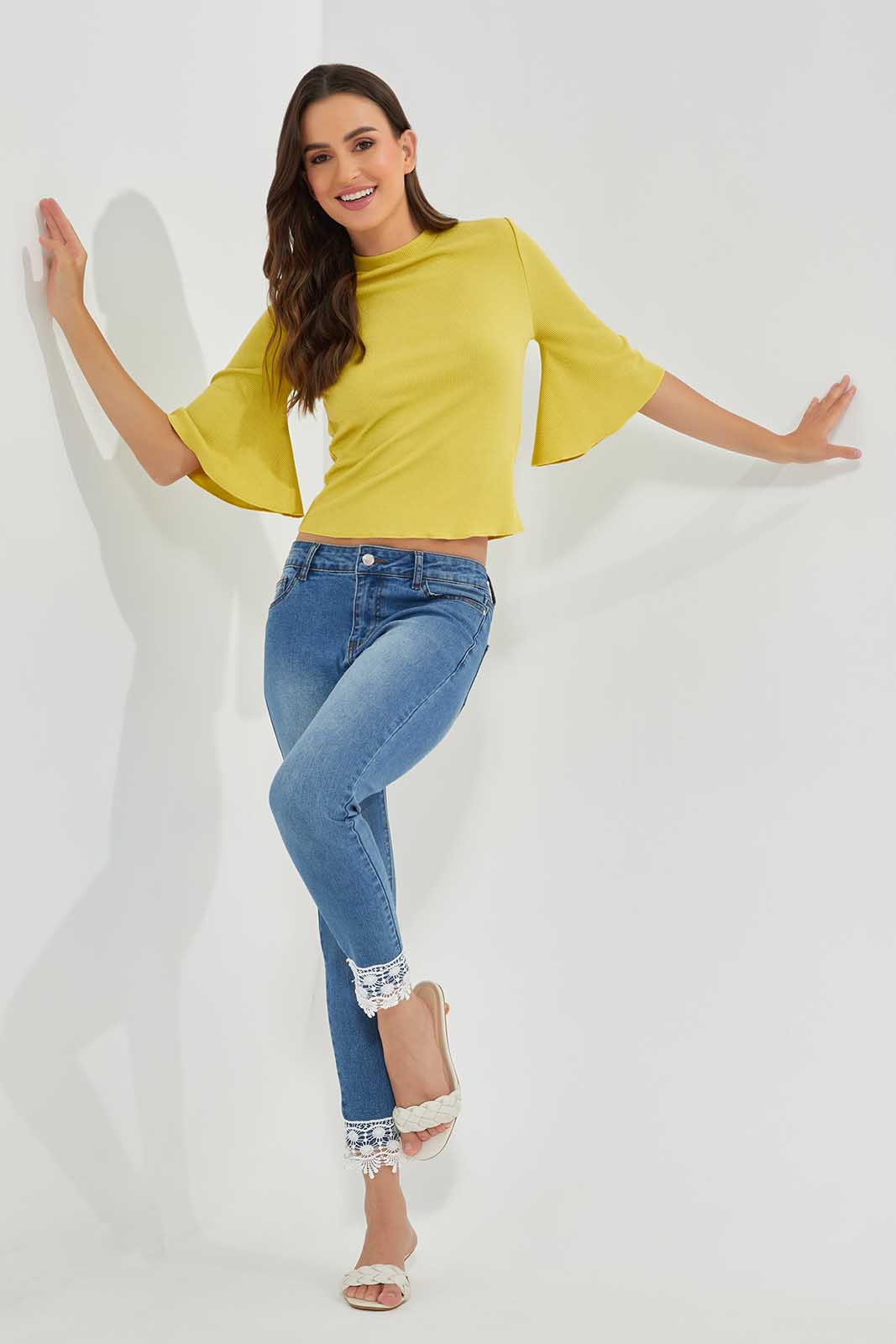 Redtag-Yellow-Ribbed-Top-With-Flared-Sleeves-Category:Tops,-Colour:Yellow,-Deals:New-In,-Filter:Women's-Clothing,-LDC,-LDC-Tops,-New-In-LDC,-Non-Sale,-Section:Women,-W22O-Women's-