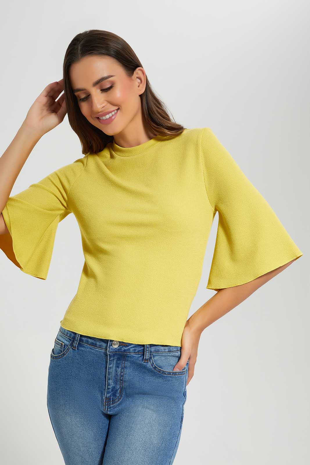Redtag-Yellow-Ribbed-Top-With-Flared-Sleeves-Category:Tops,-Colour:Yellow,-Deals:New-In,-Filter:Women's-Clothing,-LDC,-LDC-Tops,-New-In-LDC,-Non-Sale,-Section:Women,-W22O-Women's-