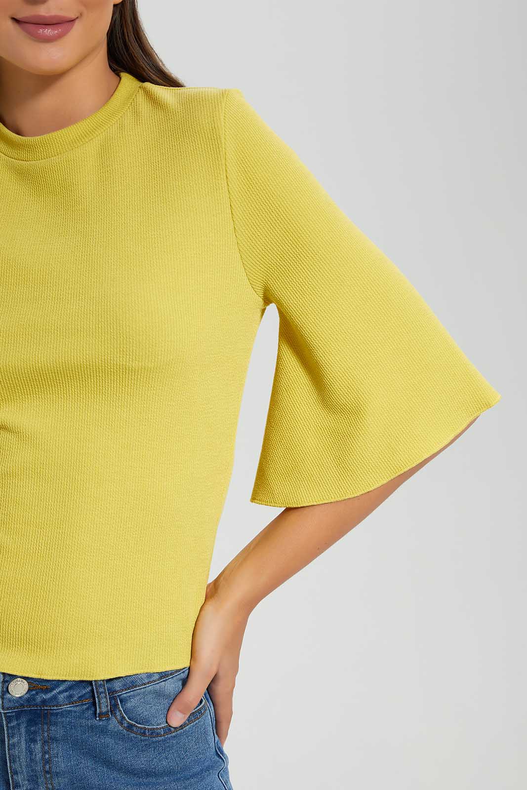 Redtag-Yellow-Ribbed-Top-With-Flared-Sleeves-Category:Tops,-Colour:Yellow,-Deals:New-In,-Filter:Women's-Clothing,-LDC,-LDC-Tops,-New-In-LDC,-Non-Sale,-Section:Women,-W22O-Women's-