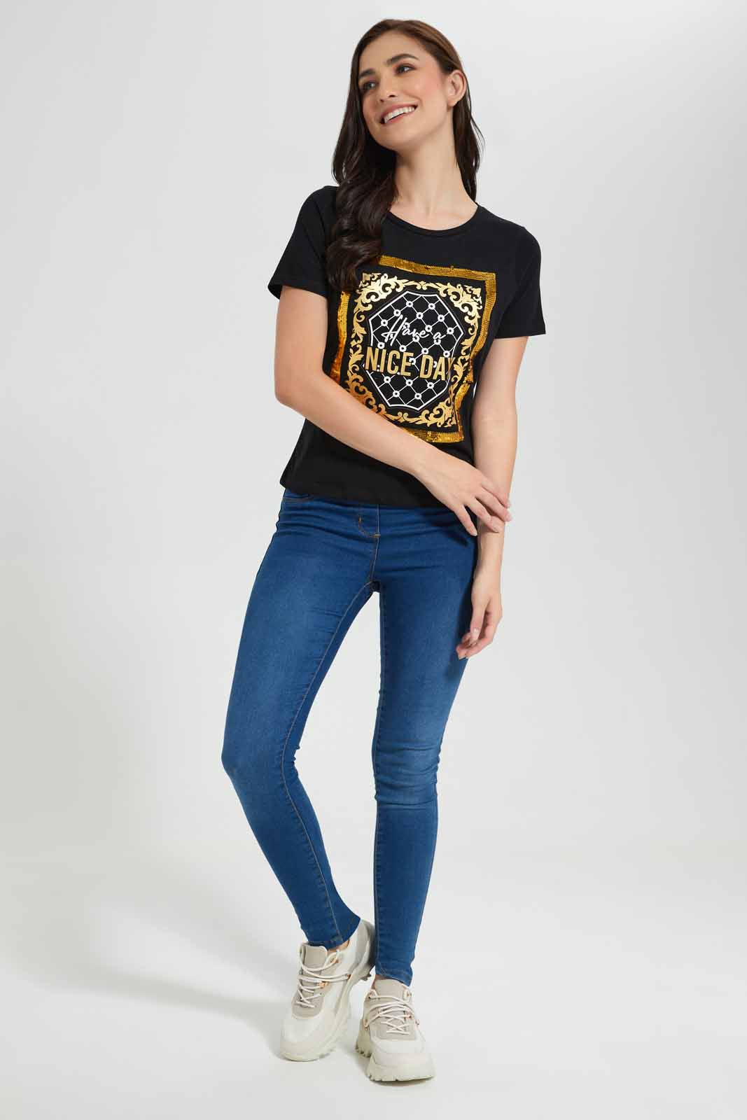 Redtag-Black-Have-A-Nice-Day-Embellished-T-Shirt-Category:T-Shirts,-Colour:Black,-Deals:New-In,-Filter:Women's-Clothing,-New-In-Women,-Non-Sale,-Section:Women,-TBL,-W22O,-Women-T-Shirts-Women's-