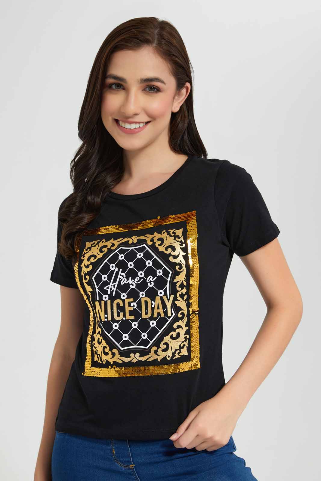Redtag-Black-Have-A-Nice-Day-Embellished-T-Shirt-Category:T-Shirts,-Colour:Black,-Deals:New-In,-Filter:Women's-Clothing,-New-In-Women,-Non-Sale,-Section:Women,-TBL,-W22O,-Women-T-Shirts-Women's-