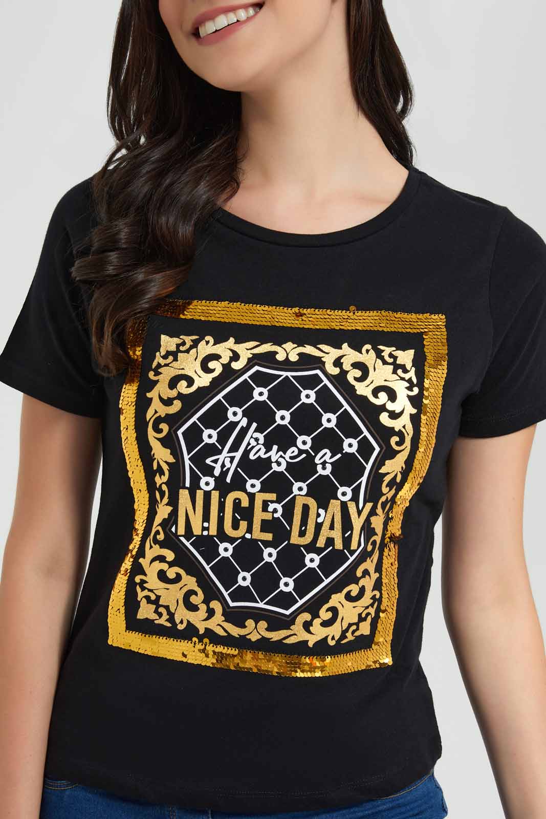 Redtag-Black-Have-A-Nice-Day-Embellished-T-Shirt-Category:T-Shirts,-Colour:Black,-Deals:New-In,-Filter:Women's-Clothing,-New-In-Women,-Non-Sale,-Section:Women,-TBL,-W22O,-Women-T-Shirts-Women's-