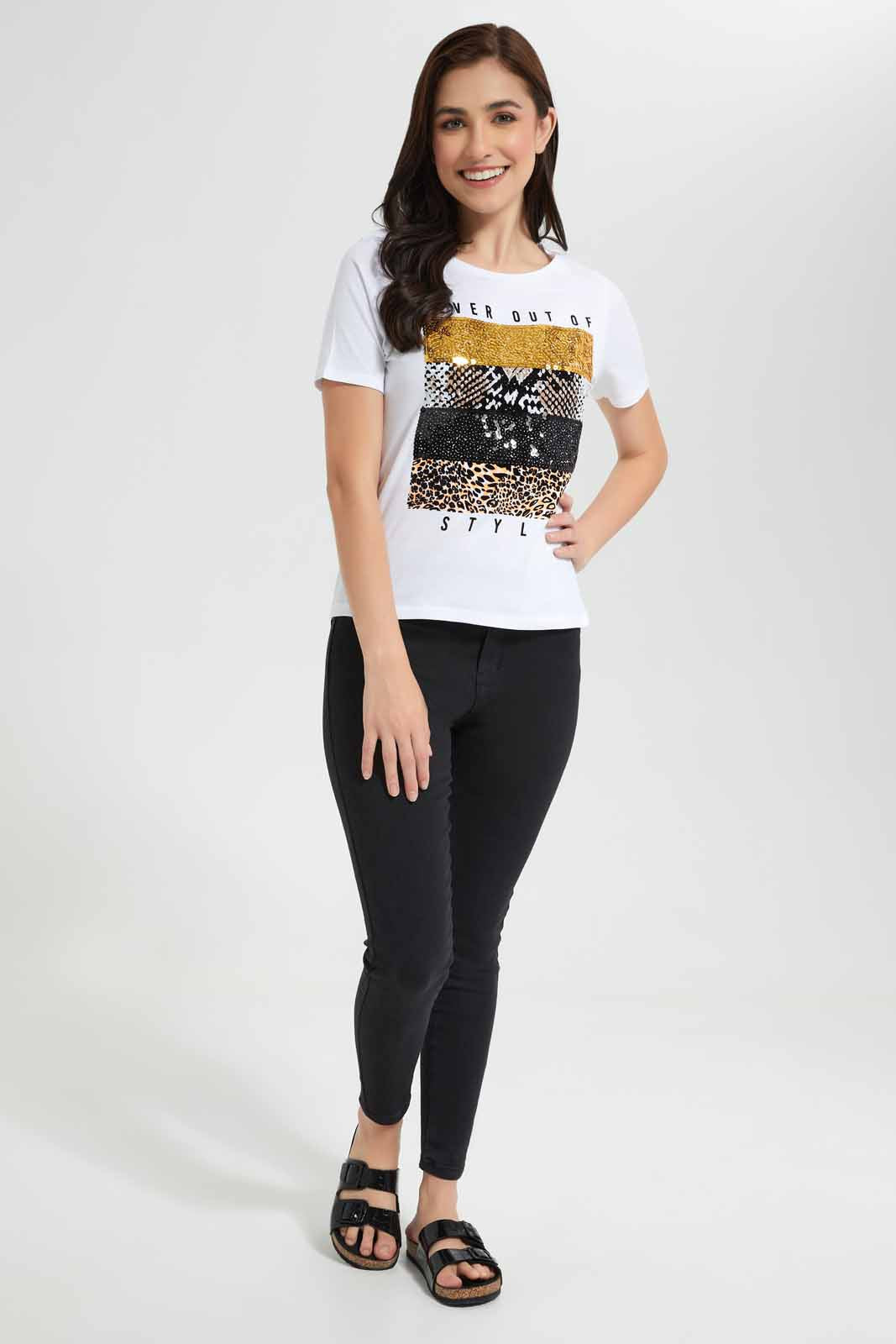 Redtag-White-Style-Embellished-T-Shirt-Category:T-Shirts,-Colour:White,-Deals:New-In,-Filter:Women's-Clothing,-New-In-Women,-Non-Sale,-Section:Women,-TBL,-W22O,-Women-T-Shirts-Women's-