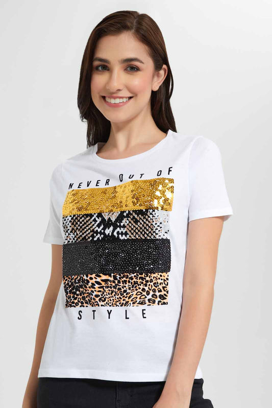 Redtag-White-Style-Embellished-T-Shirt-Category:T-Shirts,-Colour:White,-Deals:New-In,-Filter:Women's-Clothing,-New-In-Women,-Non-Sale,-Section:Women,-TBL,-W22O,-Women-T-Shirts-Women's-