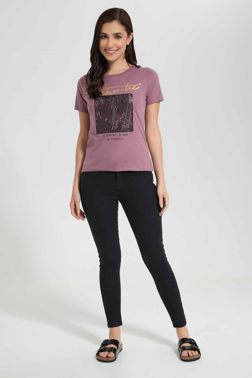 Redtag-Mauve-Authentic-Embellished-T-Shirt-Category:T-Shirts,-Colour:Mauve,-Deals:New-In,-Filter:Women's-Clothing,-New-In-Women,-Non-Sale,-Section:Women,-TBL,-W22O,-Women-T-Shirts-Women's-