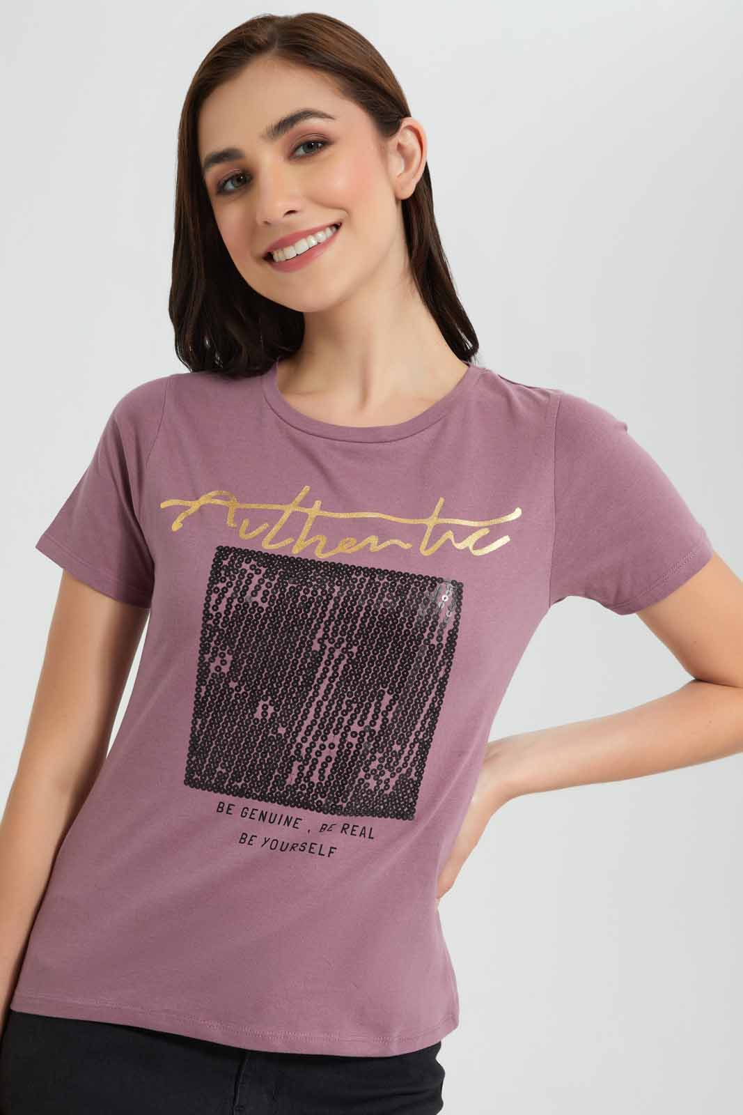 Redtag-Mauve-Authentic-Embellished-T-Shirt-Category:T-Shirts,-Colour:Mauve,-Deals:New-In,-Filter:Women's-Clothing,-New-In-Women,-Non-Sale,-Section:Women,-TBL,-W22O,-Women-T-Shirts-Women's-