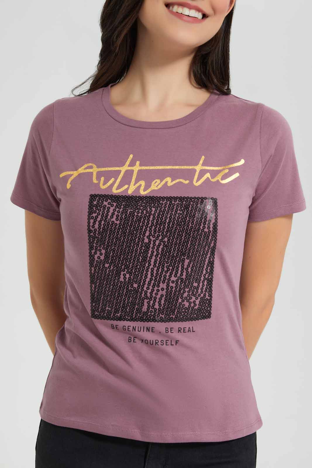 Redtag-Mauve-Authentic-Embellished-T-Shirt-Category:T-Shirts,-Colour:Mauve,-Deals:New-In,-Filter:Women's-Clothing,-New-In-Women,-Non-Sale,-Section:Women,-TBL,-W22O,-Women-T-Shirts-Women's-