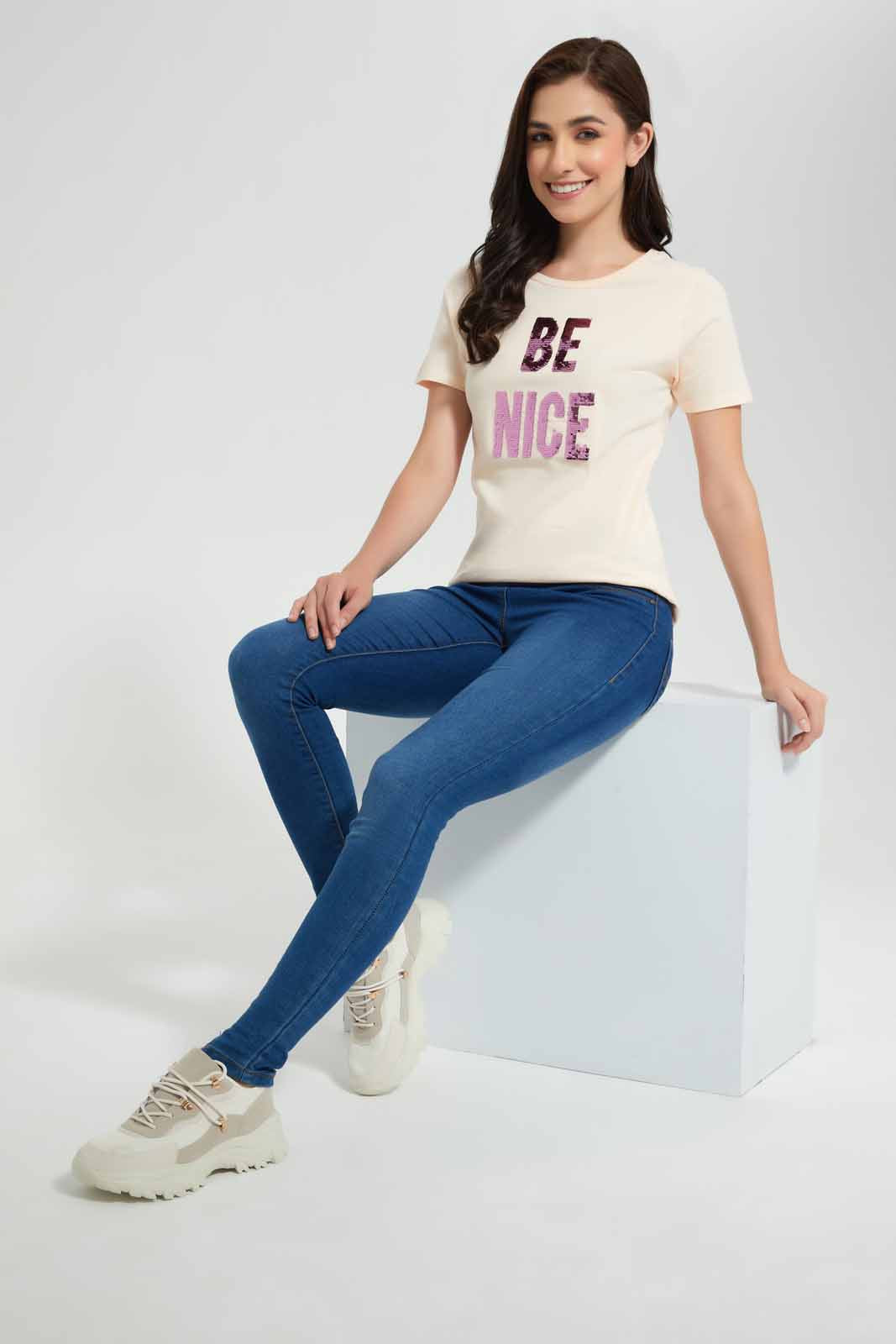 Redtag-Beige-Be-Nice-Embellished-T-Shirt-Category:T-Shirts,-Colour:Beige,-Deals:New-In,-Filter:Women's-Clothing,-New-In-Women,-Non-Sale,-Section:Women,-TBL,-W22O,-Women-T-Shirts-Women's-