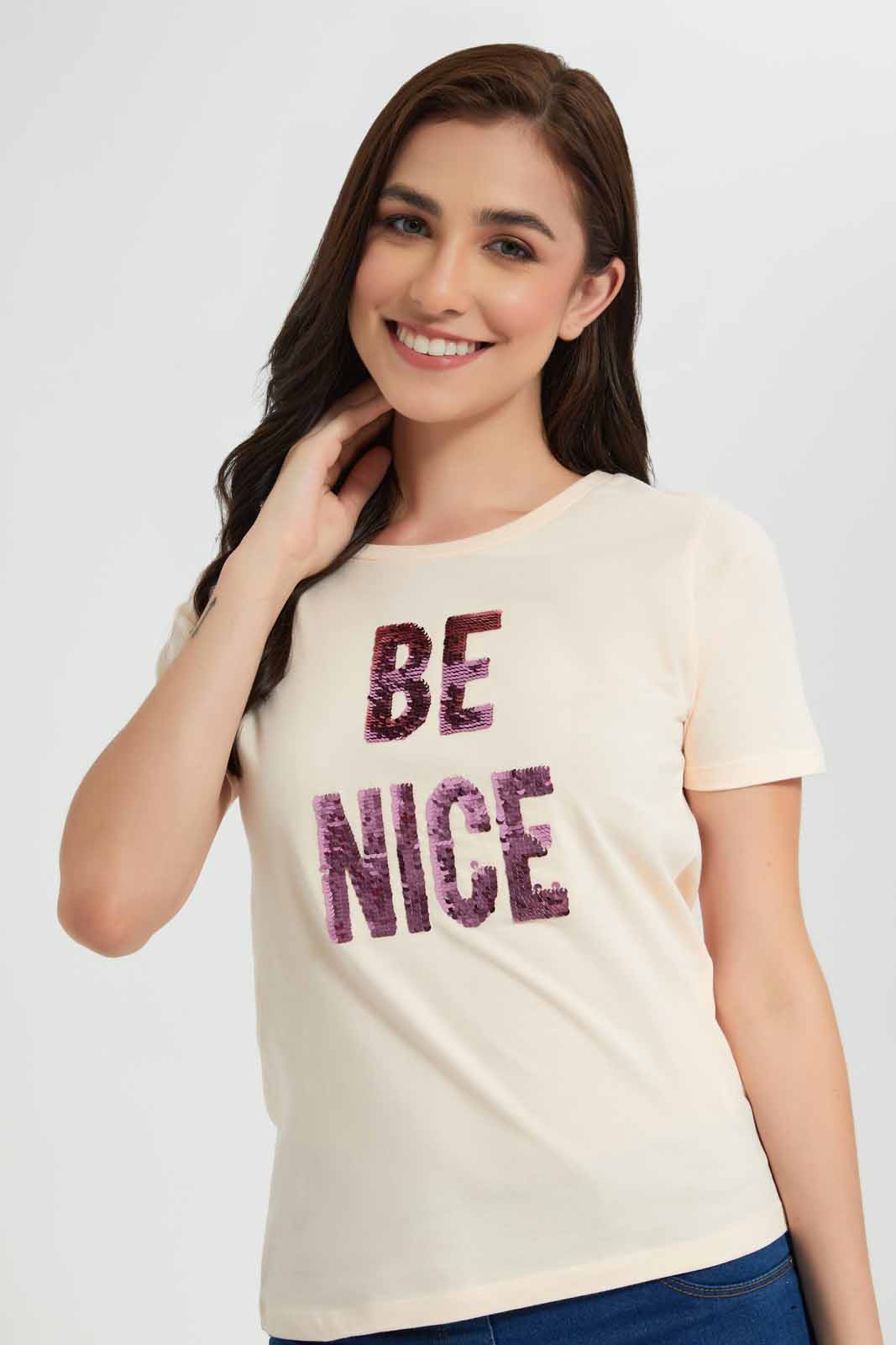 Redtag-Beige-Be-Nice-Embellished-T-Shirt-Category:T-Shirts,-Colour:Beige,-Deals:New-In,-Filter:Women's-Clothing,-New-In-Women,-Non-Sale,-Section:Women,-TBL,-W22O,-Women-T-Shirts-Women's-