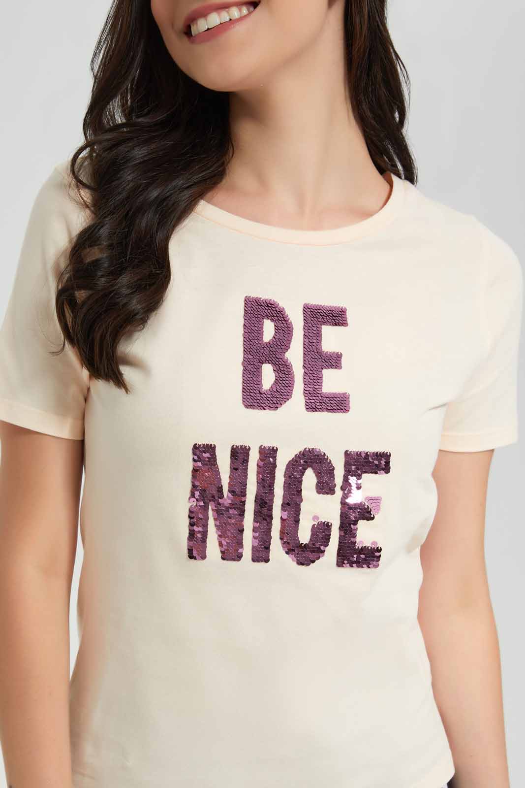 Redtag-Beige-Be-Nice-Embellished-T-Shirt-Category:T-Shirts,-Colour:Beige,-Deals:New-In,-Filter:Women's-Clothing,-New-In-Women,-Non-Sale,-Section:Women,-TBL,-W22O,-Women-T-Shirts-Women's-