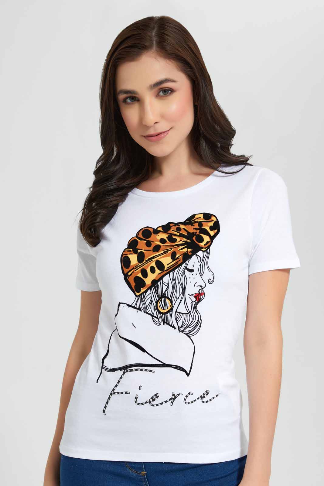 Redtag-White-Fierce-Lady-Embellished-T-Shirt-Category:T-Shirts,-Colour:White,-Deals:New-In,-Filter:Women's-Clothing,-New-In-Women,-Non-Sale,-Section:Women,-TBL,-W22O,-Women-T-Shirts-Women's-