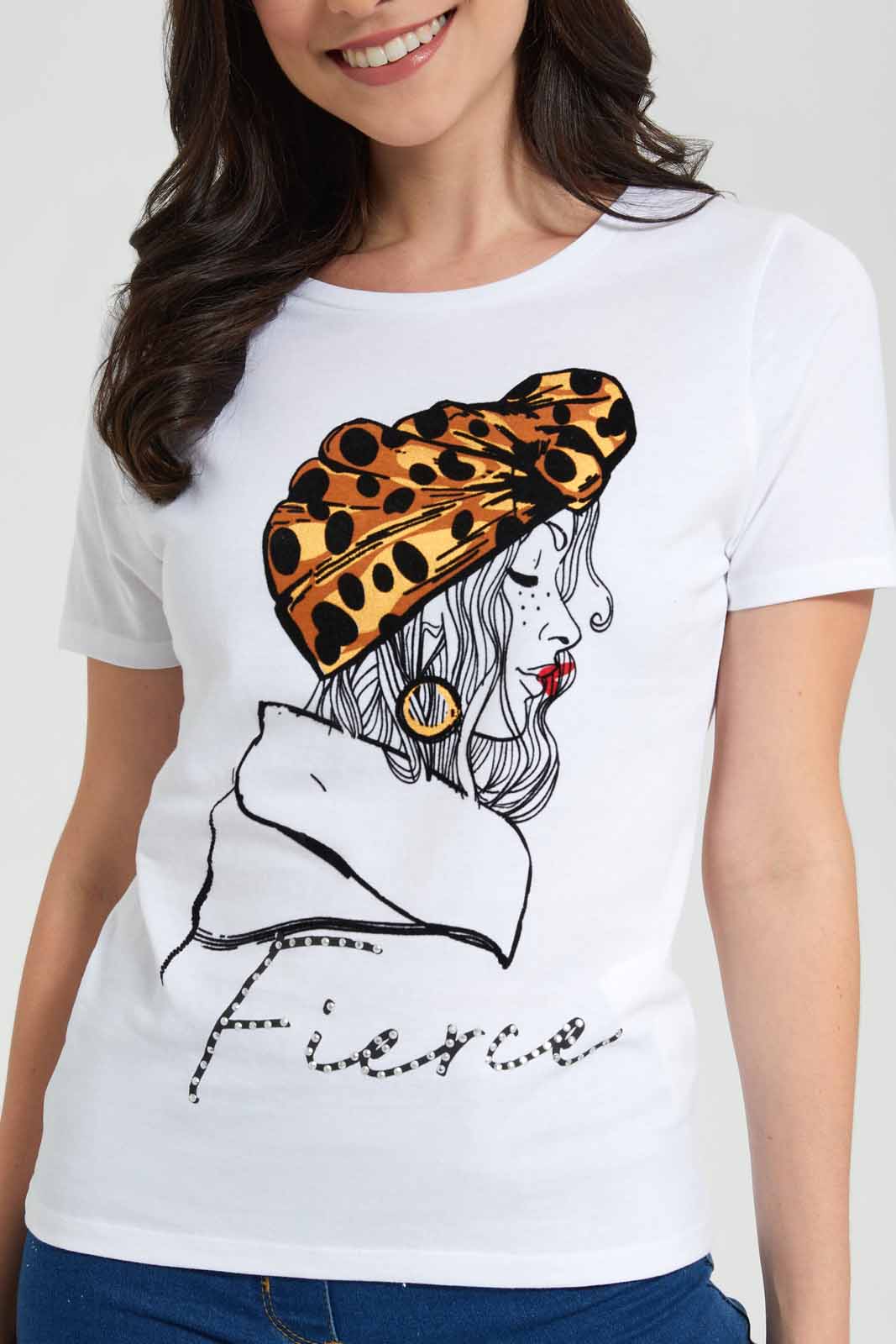 Redtag-White-Fierce-Lady-Embellished-T-Shirt-Category:T-Shirts,-Colour:White,-Deals:New-In,-Filter:Women's-Clothing,-New-In-Women,-Non-Sale,-Section:Women,-TBL,-W22O,-Women-T-Shirts-Women's-