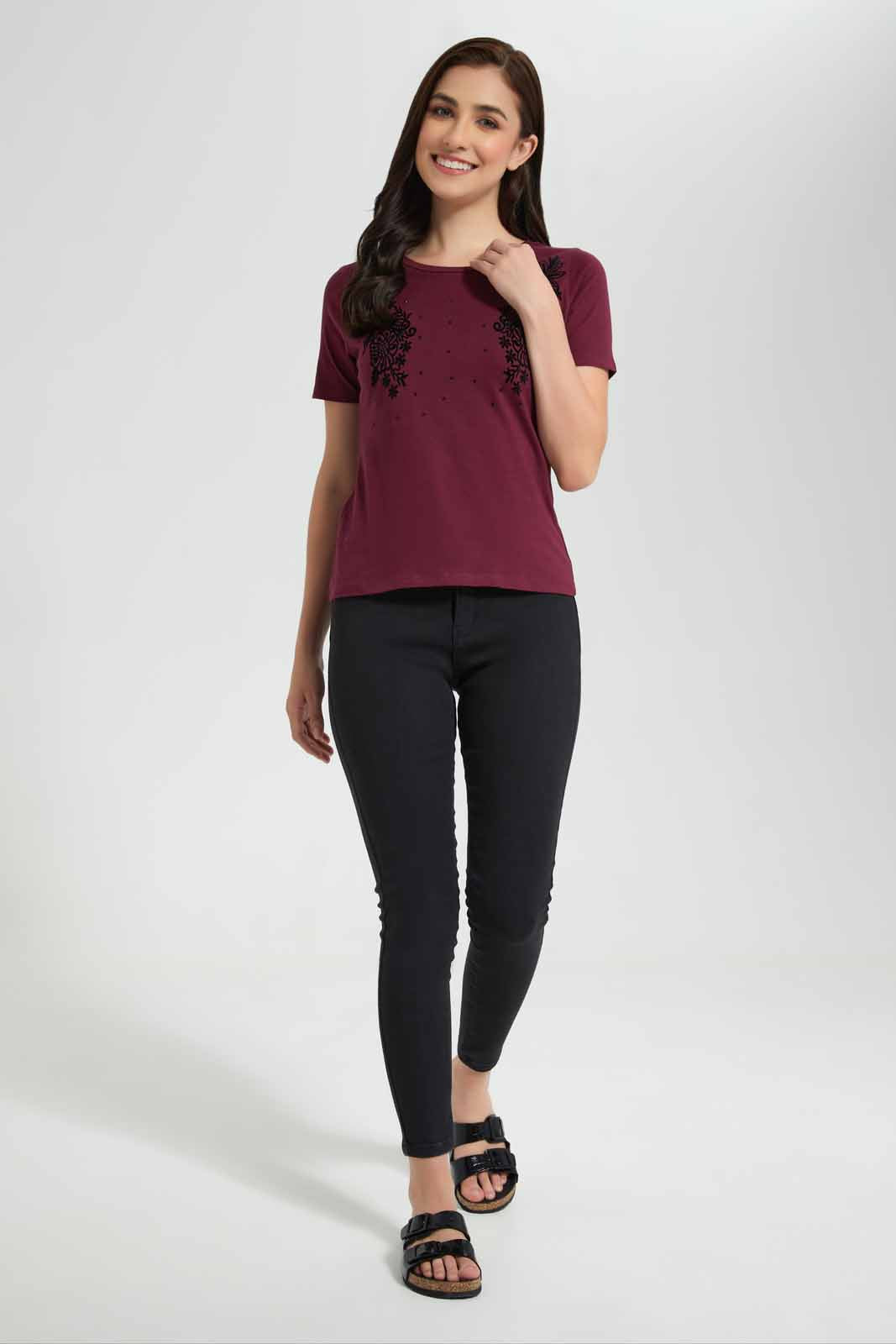 Redtag-Burgandy-Paisley-Embellisehd-T-Shirt-Category:T-Shirts,-Colour:Burgundy,-Deals:New-In,-Filter:Women's-Clothing,-New-In-Women,-Non-Sale,-Section:Women,-TBL,-W22O,-Women-T-Shirts-Women's-