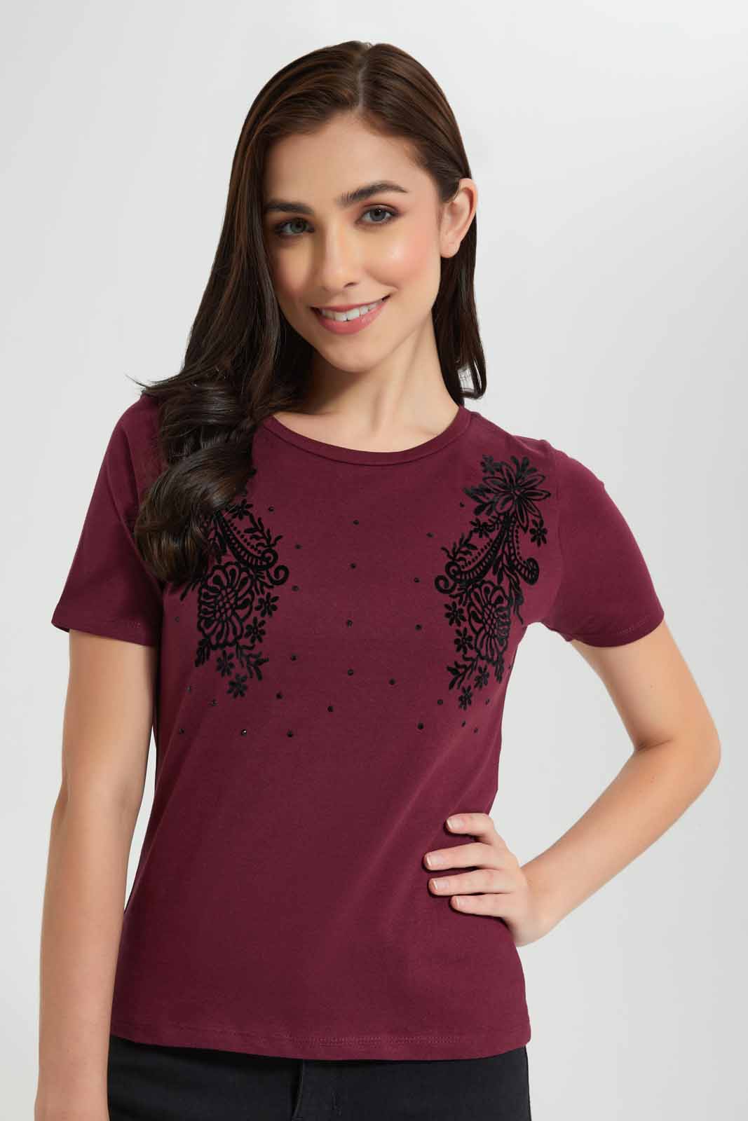 Redtag-Burgandy-Paisley-Embellisehd-T-Shirt-Category:T-Shirts,-Colour:Burgundy,-Deals:New-In,-Filter:Women's-Clothing,-New-In-Women,-Non-Sale,-Section:Women,-TBL,-W22O,-Women-T-Shirts-Women's-