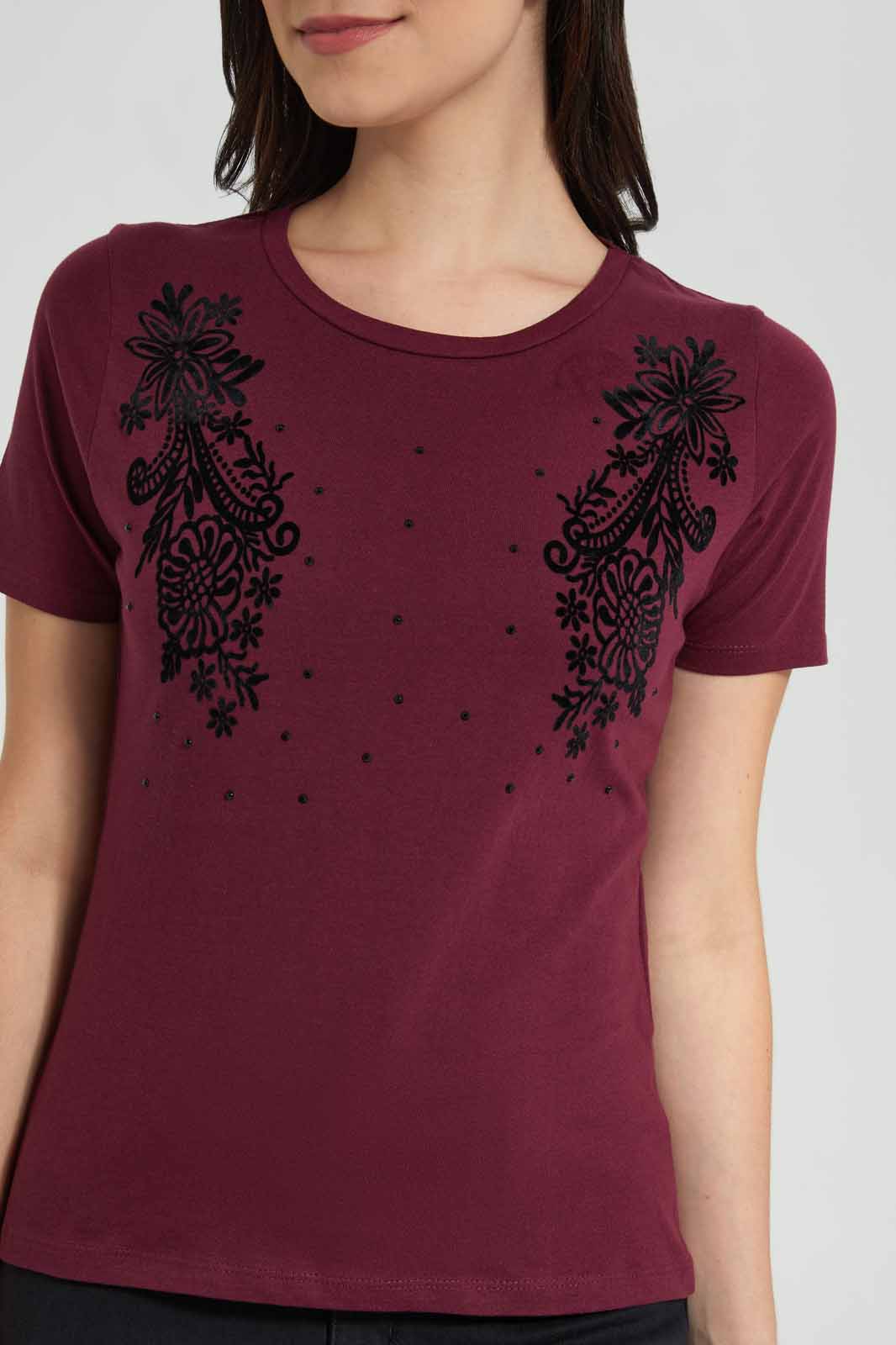 Redtag-Burgandy-Paisley-Embellisehd-T-Shirt-Category:T-Shirts,-Colour:Burgundy,-Deals:New-In,-Filter:Women's-Clothing,-New-In-Women,-Non-Sale,-Section:Women,-TBL,-W22O,-Women-T-Shirts-Women's-