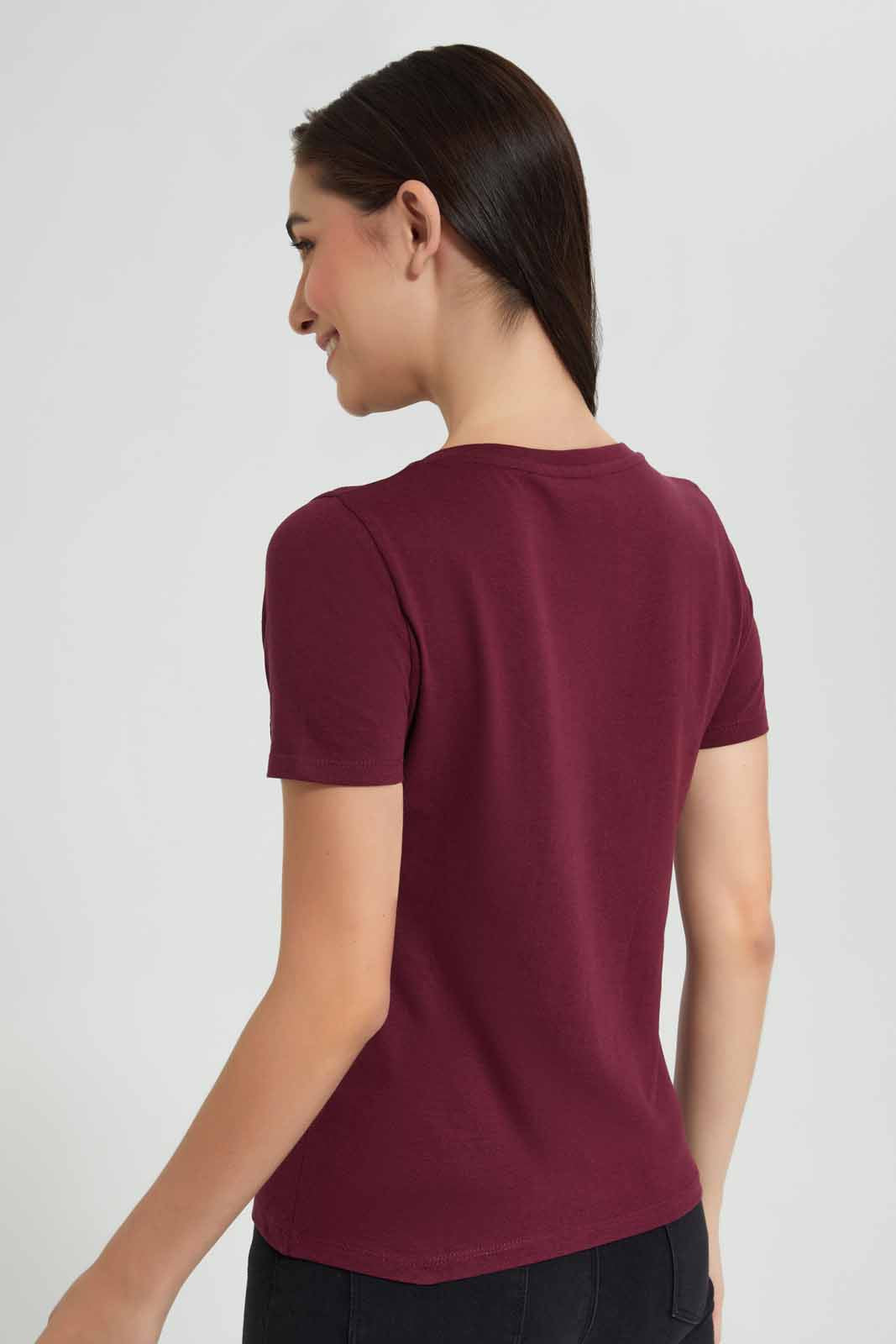 Redtag-Burgandy-Paisley-Embellisehd-T-Shirt-Category:T-Shirts,-Colour:Burgundy,-Deals:New-In,-Filter:Women's-Clothing,-New-In-Women,-Non-Sale,-Section:Women,-TBL,-W22O,-Women-T-Shirts-Women's-