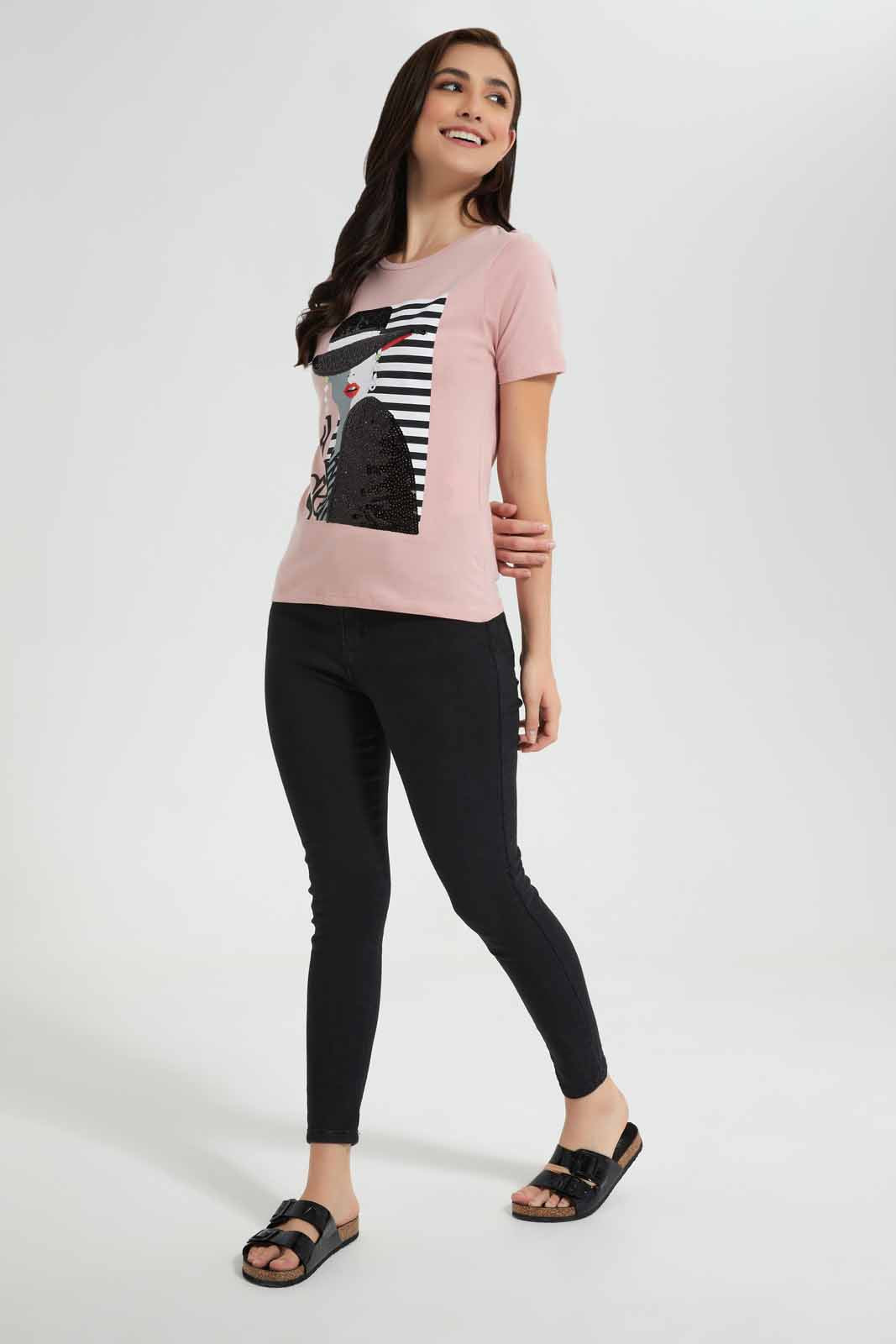 Redtag-Pink-Teddy-Embellished-T-Shirt-Category:T-Shirts,-Colour:Apricot,-Deals:New-In,-Filter:Women's-Clothing,-New-In-Women,-Non-Sale,-Section:Women,-TBL,-W22O,-Women-T-Shirts-Women's-
