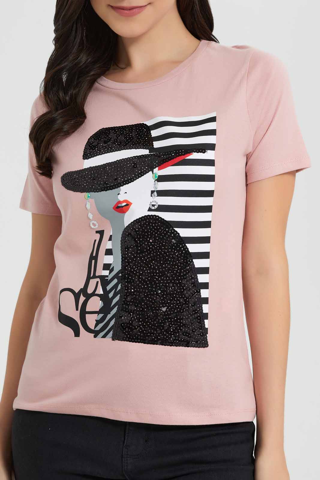 Redtag-Pink-Teddy-Embellished-T-Shirt-Category:T-Shirts,-Colour:Apricot,-Deals:New-In,-Filter:Women's-Clothing,-New-In-Women,-Non-Sale,-Section:Women,-TBL,-W22O,-Women-T-Shirts-Women's-