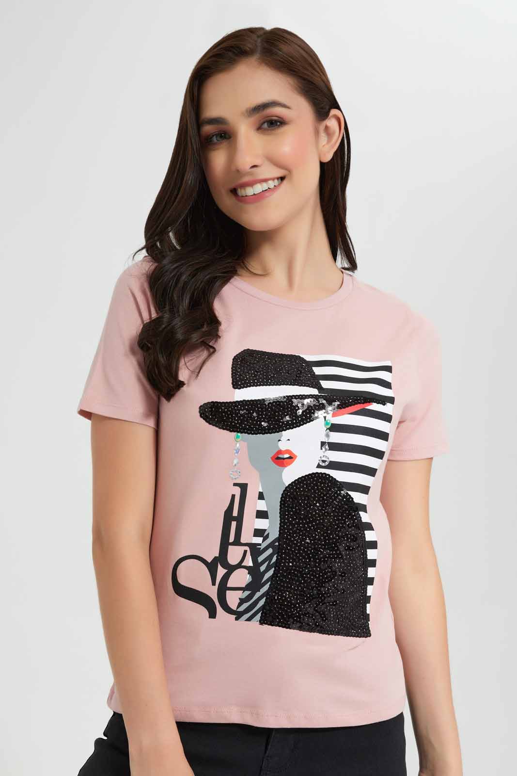 Redtag-Pink-Teddy-Embellished-T-Shirt-Category:T-Shirts,-Colour:Apricot,-Deals:New-In,-Filter:Women's-Clothing,-New-In-Women,-Non-Sale,-Section:Women,-TBL,-W22O,-Women-T-Shirts-Women's-
