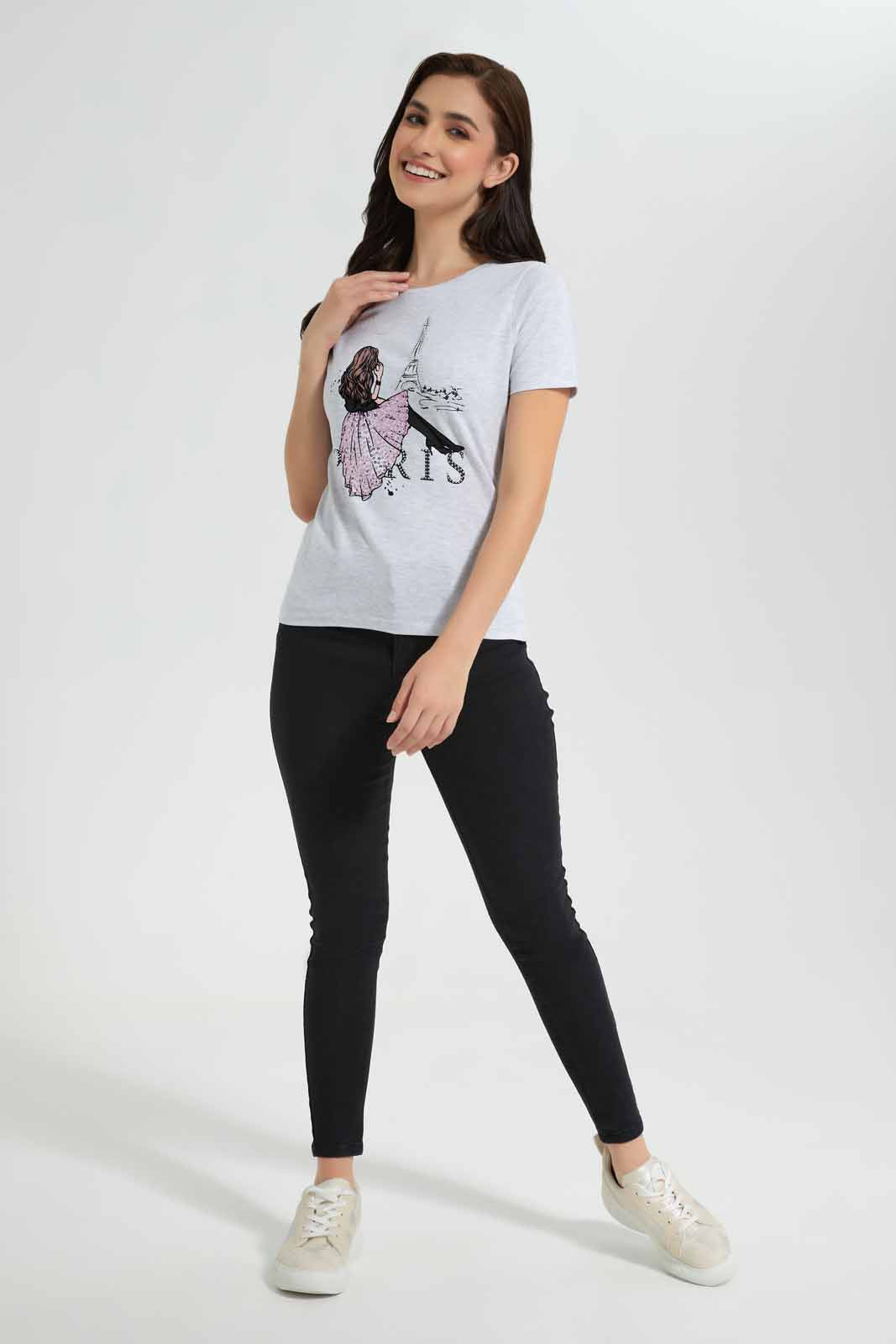 Redtag-Grey-Melange-Paris-Embellished-T-Shirt-Category:T-Shirts,-Colour:Grey,-Deals:New-In,-Filter:Women's-Clothing,-New-In-Women,-Non-Sale,-Section:Women,-TBL,-W22O,-Women-T-Shirts-Women's-