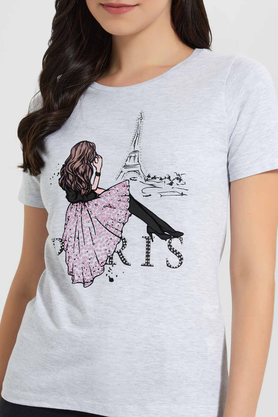 Redtag-Grey-Melange-Paris-Embellished-T-Shirt-Category:T-Shirts,-Colour:Grey,-Deals:New-In,-Filter:Women's-Clothing,-New-In-Women,-Non-Sale,-Section:Women,-TBL,-W22O,-Women-T-Shirts-Women's-