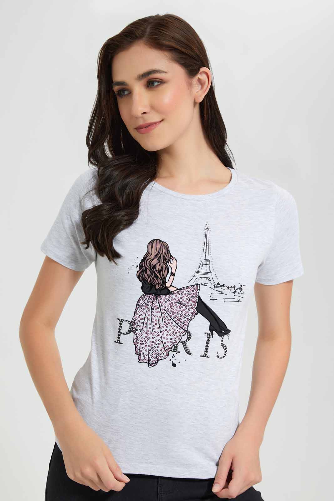 Redtag-Grey-Melange-Paris-Embellished-T-Shirt-Category:T-Shirts,-Colour:Grey,-Deals:New-In,-Filter:Women's-Clothing,-New-In-Women,-Non-Sale,-Section:Women,-TBL,-W22O,-Women-T-Shirts-Women's-