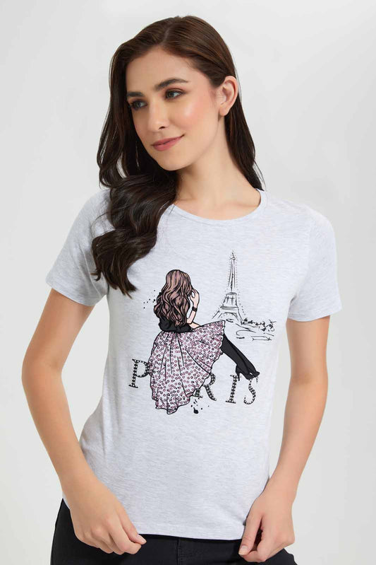 Redtag-Grey-Melange-Paris-Embellished-T-Shirt-Category:T-Shirts,-Colour:Grey,-Deals:New-In,-Filter:Women's-Clothing,-New-In-Women,-Non-Sale,-Section:Women,-TBL,-W22O,-Women-T-Shirts-Women's-