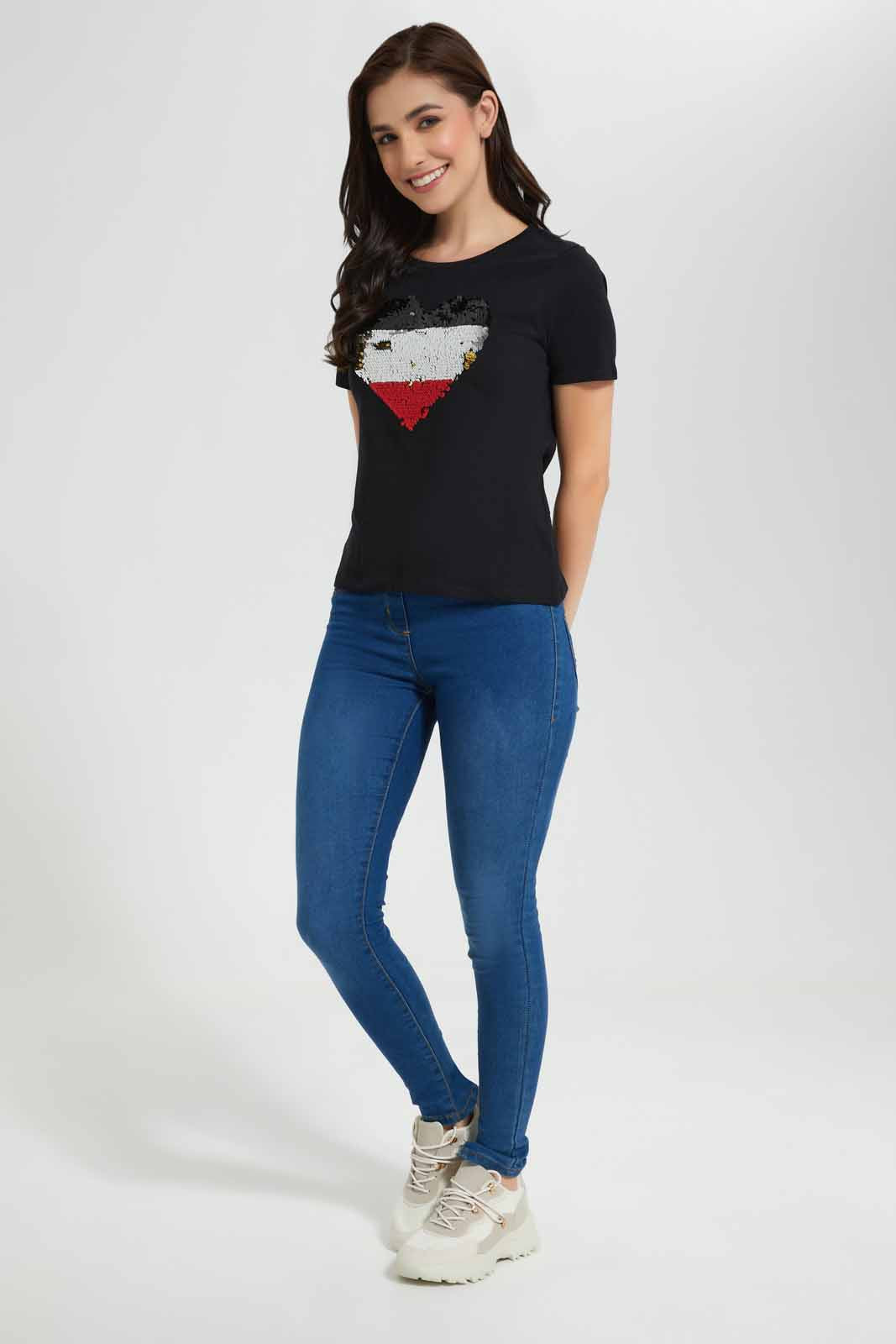 Redtag-Black-Heart-Embellished-T-Shirt-Category:T-Shirts,-Colour:Black,-Deals:New-In,-Filter:Women's-Clothing,-New-In-Women,-Non-Sale,-Section:Women,-TBL,-W22O,-Women-T-Shirts-Women's-