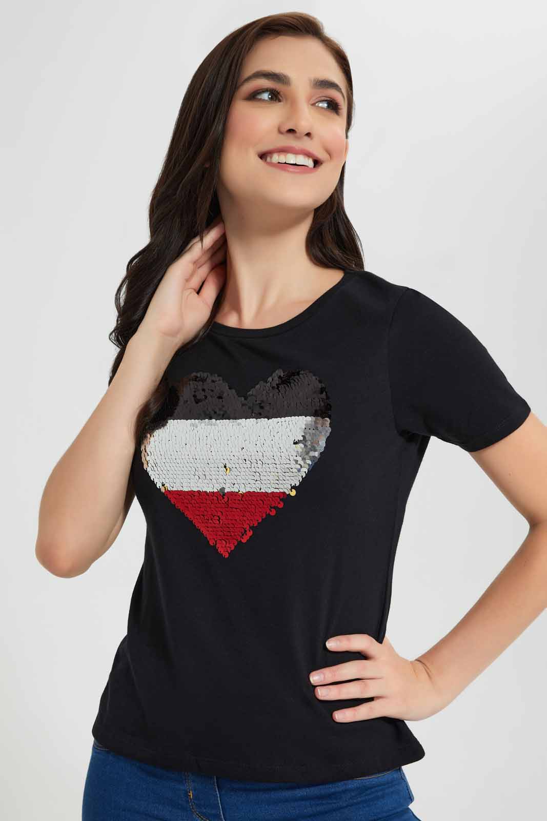 Redtag-Black-Heart-Embellished-T-Shirt-Category:T-Shirts,-Colour:Black,-Deals:New-In,-Filter:Women's-Clothing,-New-In-Women,-Non-Sale,-Section:Women,-TBL,-W22O,-Women-T-Shirts-Women's-