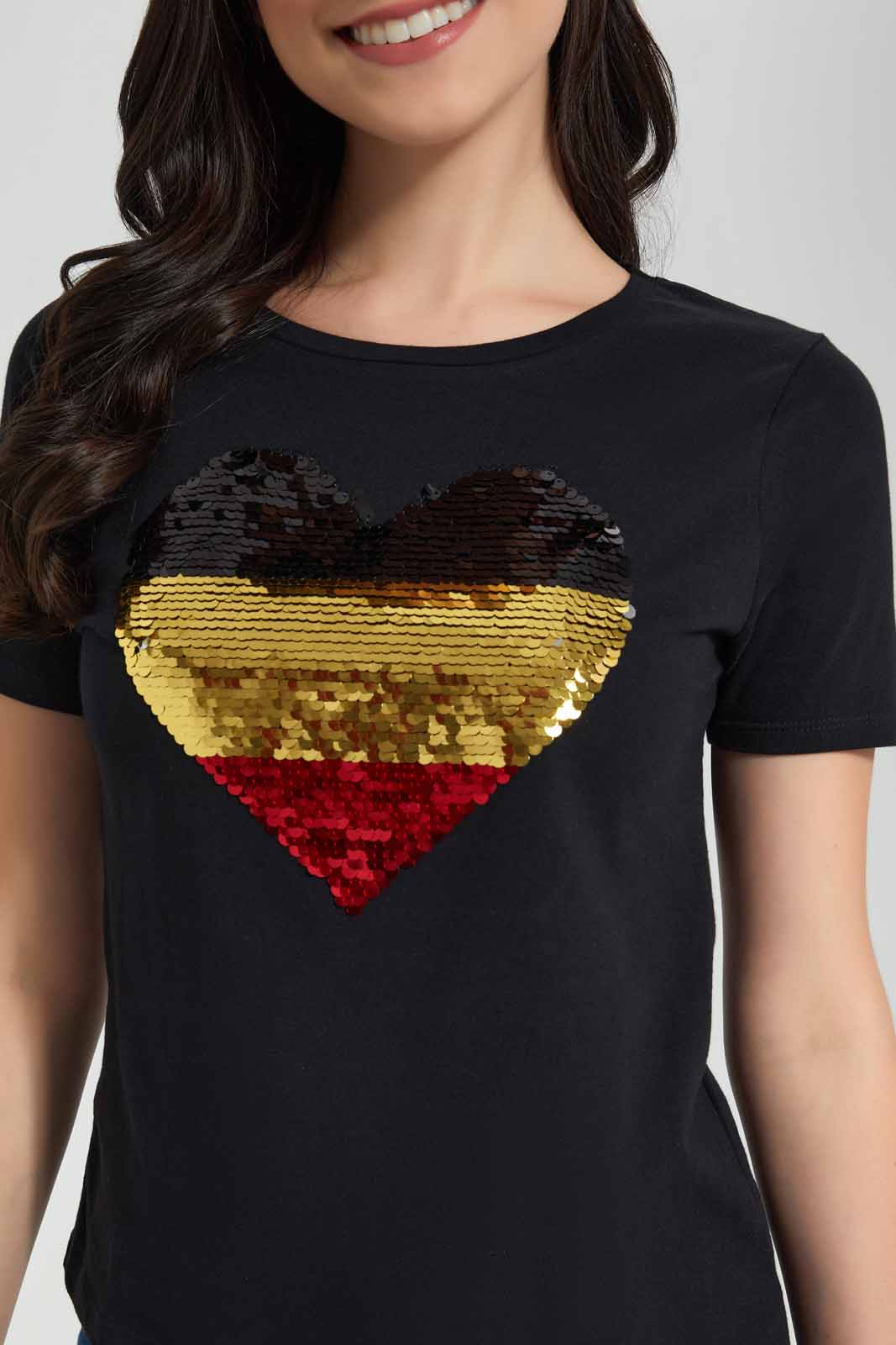 Redtag-Black-Heart-Embellished-T-Shirt-Category:T-Shirts,-Colour:Black,-Deals:New-In,-Filter:Women's-Clothing,-New-In-Women,-Non-Sale,-Section:Women,-TBL,-W22O,-Women-T-Shirts-Women's-