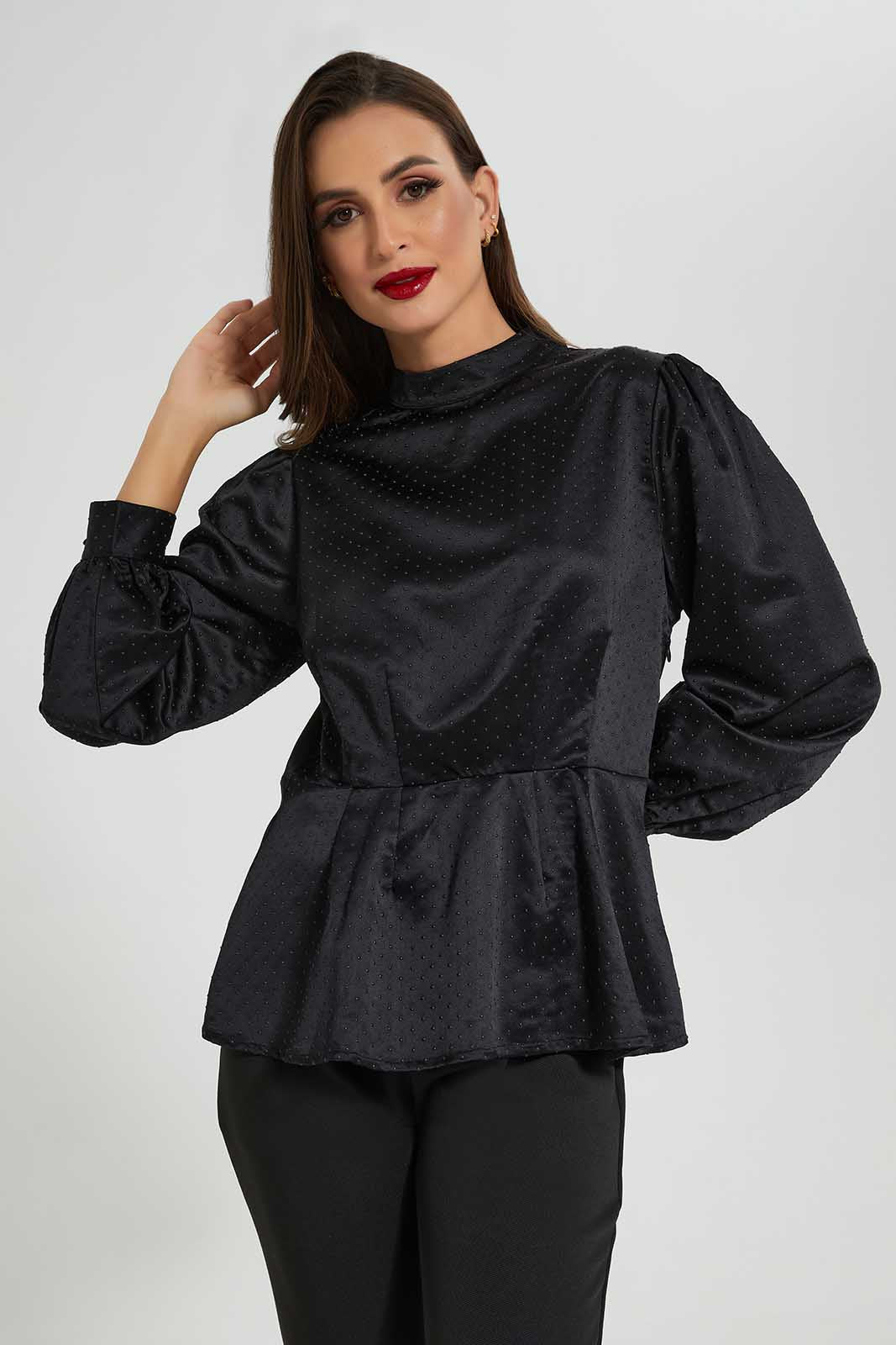 Redtag-Black-Peplum-Studded-Blouse-Category:Blouses,-Colour:Black,-Deals:New-In,-Filter:Women's-Clothing,-LDC,-LDC-Blouses,-New-In-LDC-APL,-Non-Sale,-Section:Women,-W22O-Women's-
