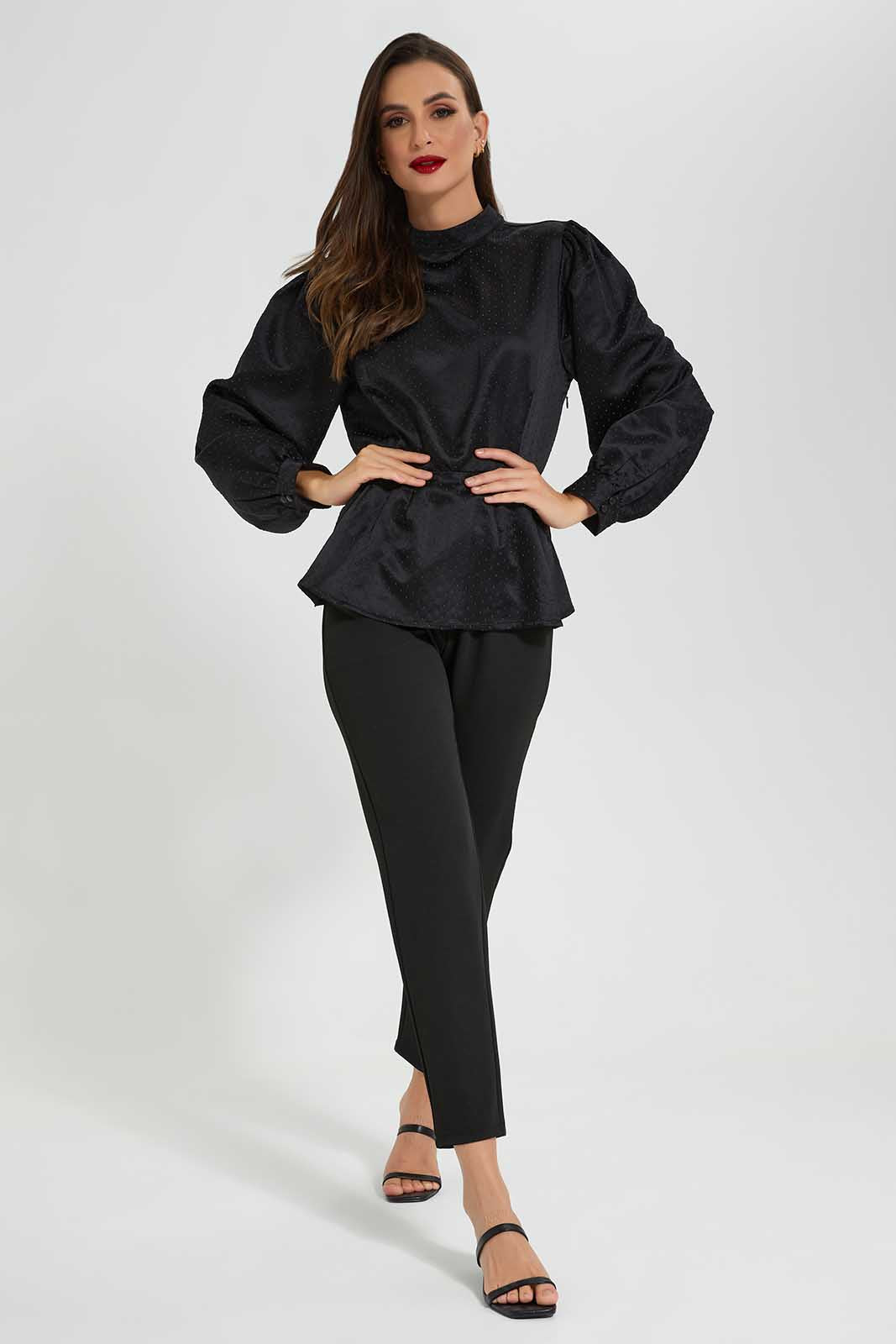 Redtag-Black-Peplum-Studded-Blouse-Category:Blouses,-Colour:Black,-Deals:New-In,-Filter:Women's-Clothing,-LDC,-LDC-Blouses,-New-In-LDC-APL,-Non-Sale,-Section:Women,-W22O-Women's-
