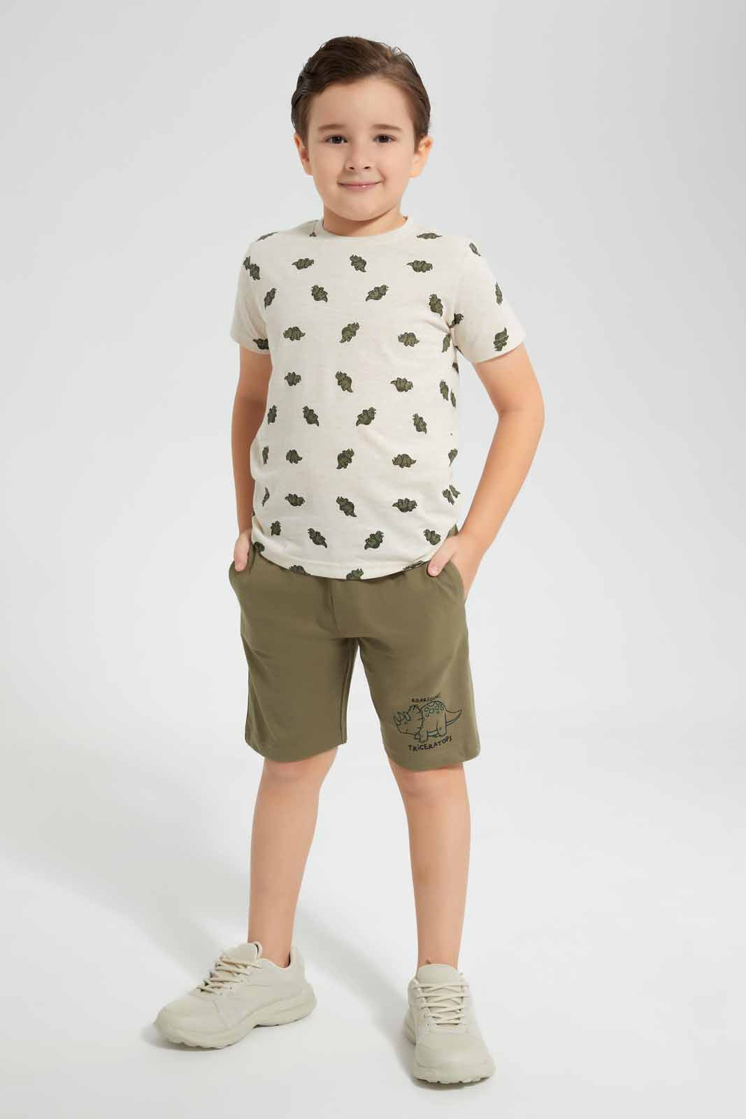 Redtag-Beige-Dino-Print-T-Shirt-And-Shorts-Set-BOY-Sets,-Category:Sets,-Colour:Beige,-Deals:New-In,-Filter:Boys-(2-to-8-Yrs),-New-In-BOY-APL,-Non-Sale,-Section:Boys-(0-to-14Yrs),-W22O-Boys-2 to 8 Years