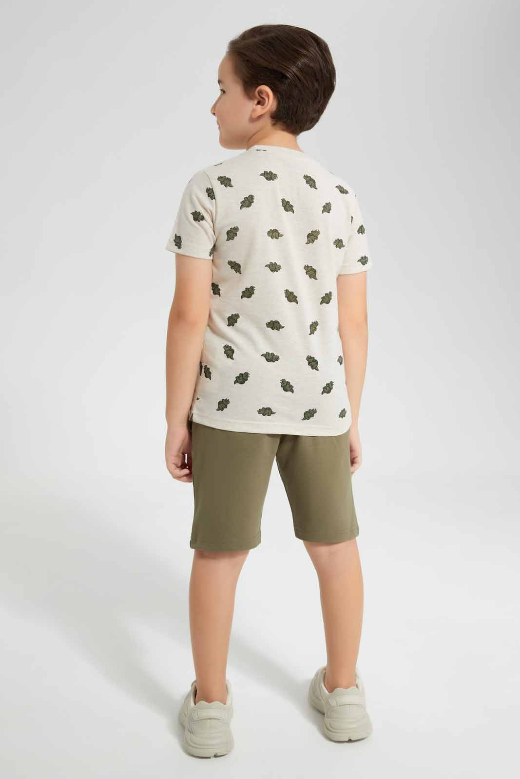 Redtag-Beige-Dino-Print-T-Shirt-And-Shorts-Set-BOY-Sets,-Category:Sets,-Colour:Beige,-Deals:New-In,-Filter:Boys-(2-to-8-Yrs),-New-In-BOY-APL,-Non-Sale,-Section:Boys-(0-to-14Yrs),-W22O-Boys-2 to 8 Years