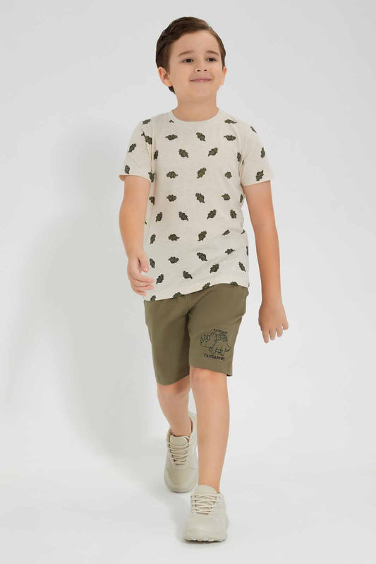 Redtag-Beige-Dino-Print-T-Shirt-And-Shorts-Set-BOY-Sets,-Category:Sets,-Colour:Beige,-Deals:New-In,-Filter:Boys-(2-to-8-Yrs),-New-In-BOY-APL,-Non-Sale,-Section:Boys-(0-to-14Yrs),-W22O-Boys-2 to 8 Years
