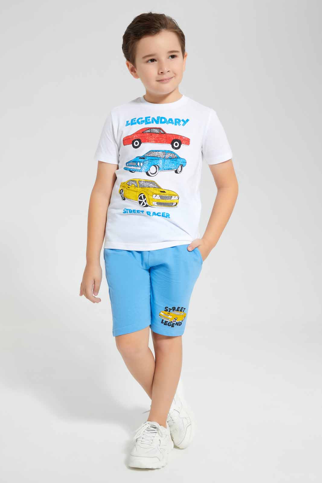 Redtag-White-Car-Print-T-Shirt-And-Shorts-Set-BOY-Sets,-Category:Sets,-Colour:White,-Deals:New-In,-Filter:Boys-(2-to-8-Yrs),-New-In-BOY-APL,-Non-Sale,-Section:Boys-(0-to-14Yrs),-W22O-Boys-2 to 8 Years