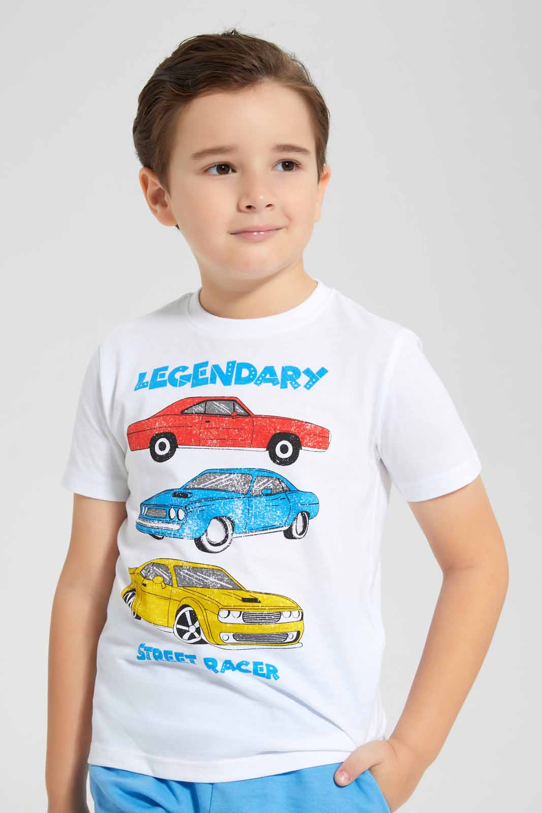 Redtag-White-Car-Print-T-Shirt-And-Shorts-Set-BOY-Sets,-Category:Sets,-Colour:White,-Deals:New-In,-Filter:Boys-(2-to-8-Yrs),-New-In-BOY-APL,-Non-Sale,-Section:Boys-(0-to-14Yrs),-W22O-Boys-2 to 8 Years