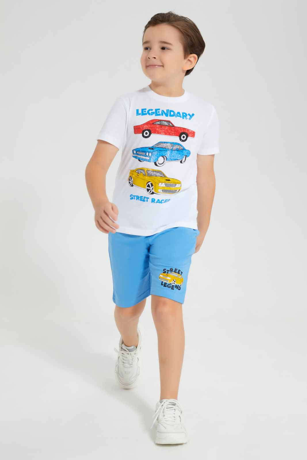 Redtag-White-Car-Print-T-Shirt-And-Shorts-Set-BOY-Sets,-Category:Sets,-Colour:White,-Deals:New-In,-Filter:Boys-(2-to-8-Yrs),-New-In-BOY-APL,-Non-Sale,-Section:Boys-(0-to-14Yrs),-W22O-Boys-2 to 8 Years