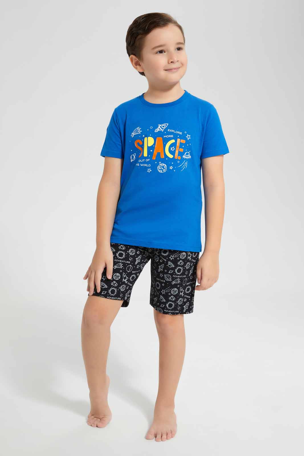 Redtag-Navy-Space-Print-T-Shirt-And-Printed-Shorts-SPJ-Set-BOY-Pyjama-Sets,-Category:Pyjama-Sets,-Colour:Navy,-Deals:New-In,-Filter:Boys-(2-to-8-Yrs),-New-In-BOY-APL,-Non-Sale,-PPE,-Section:Boys-(0-to-14Yrs),-W22O-Boys-2 to 8 Years