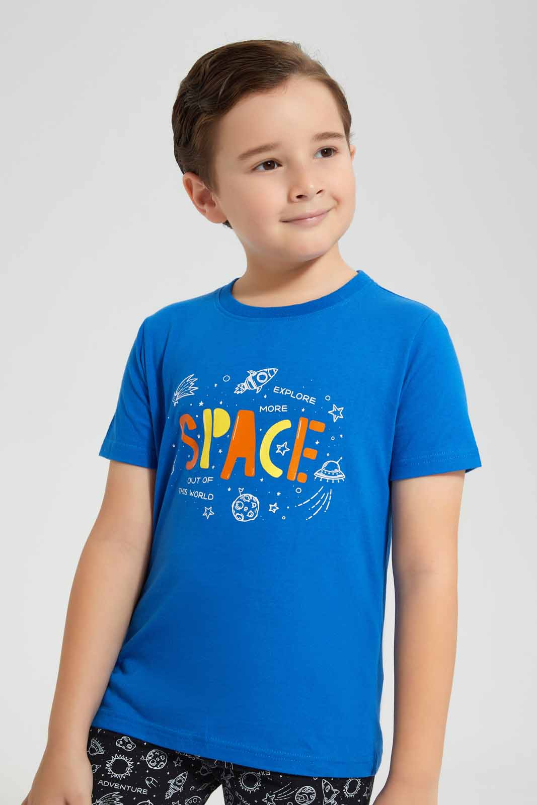 Redtag-Navy-Space-Print-T-Shirt-And-Printed-Shorts-SPJ-Set-BOY-Pyjama-Sets,-Category:Pyjama-Sets,-Colour:Navy,-Deals:New-In,-Filter:Boys-(2-to-8-Yrs),-New-In-BOY-APL,-Non-Sale,-PPE,-Section:Boys-(0-to-14Yrs),-W22O-Boys-2 to 8 Years