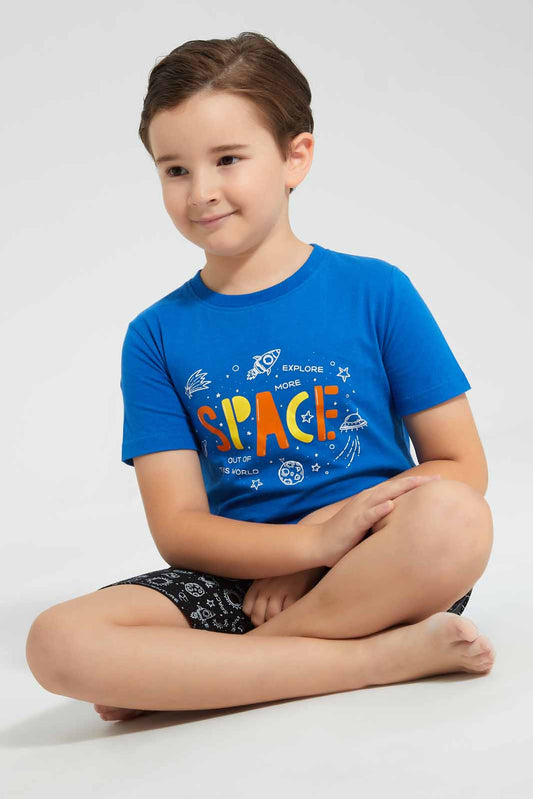 Redtag-Navy-Space-Print-T-Shirt-And-Printed-Shorts-SPJ-Set-BOY-Pyjama-Sets,-Category:Pyjama-Sets,-Colour:Navy,-Deals:New-In,-Filter:Boys-(2-to-8-Yrs),-New-In-BOY-APL,-Non-Sale,-PPE,-Section:Boys-(0-to-14Yrs),-W22O-Boys-2 to 8 Years