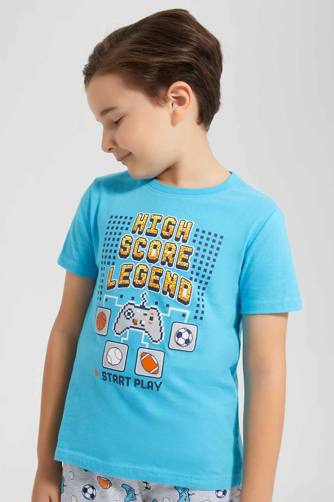 Redtag-Blue-Game-Print-T-Shirt-And-Printed-shorts-SPJ-Set-BOY-Pyjama-Sets,-Category:Pyjama-Sets,-Colour:Blue,-Deals:New-In,-Filter:Boys-(2-to-8-Yrs),-New-In-BOY-APL,-Non-Sale,-PPE,-Section:Boys-(0-to-14Yrs),-W22O-Boys-2 to 8 Years