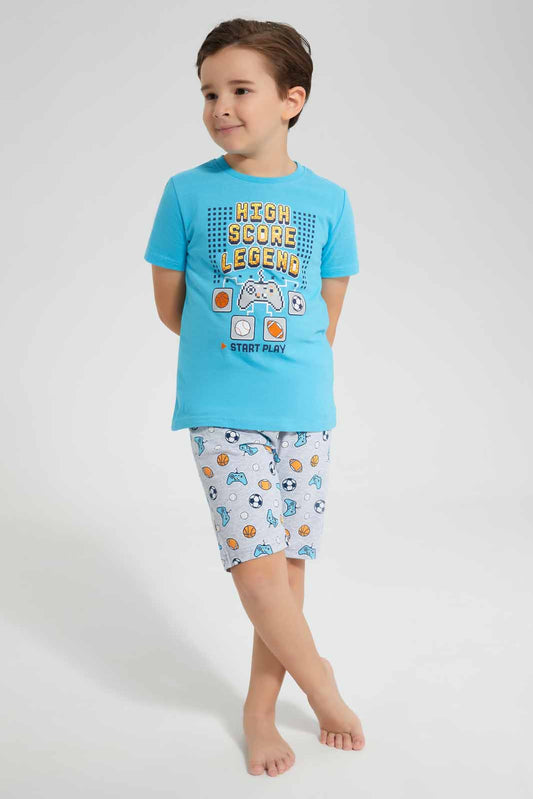 Redtag-Blue-Game-Print-T-Shirt-And-Printed-shorts-SPJ-Set-BOY-Pyjama-Sets,-Category:Pyjama-Sets,-Colour:Blue,-Deals:New-In,-Filter:Boys-(2-to-8-Yrs),-New-In-BOY-APL,-Non-Sale,-PPE,-Section:Boys-(0-to-14Yrs),-W22O-Boys-2 to 8 Years