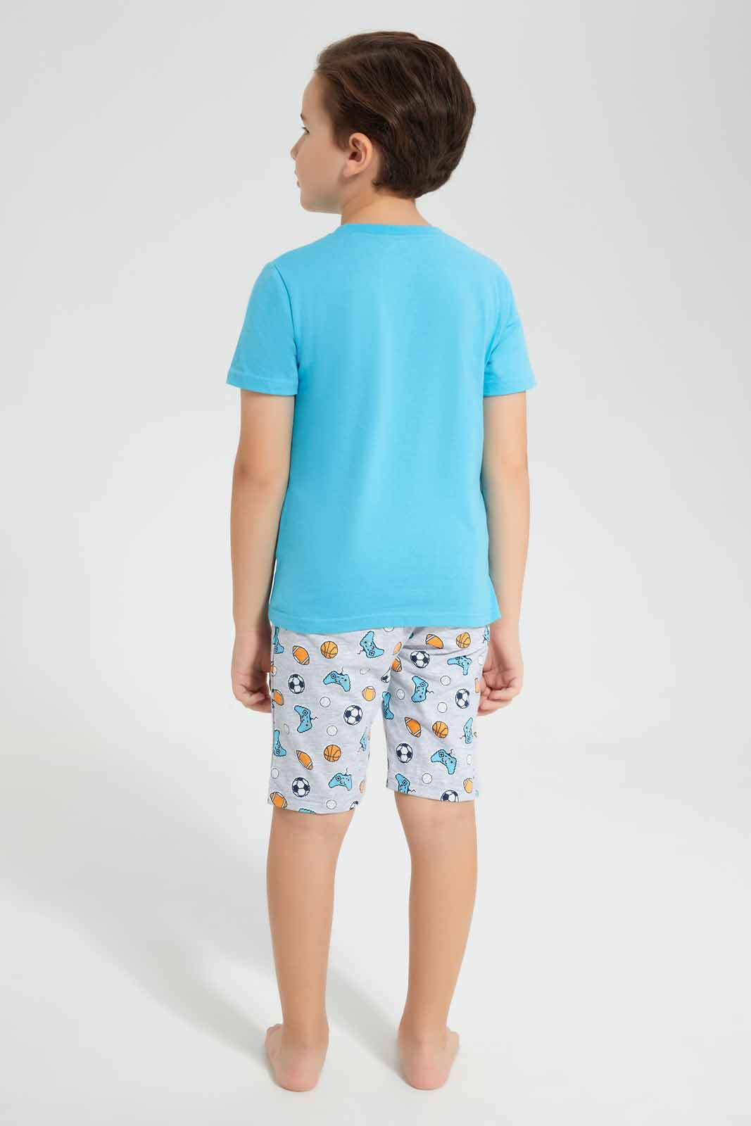 Redtag-Blue-Game-Print-T-Shirt-And-Printed-shorts-SPJ-Set-BOY-Pyjama-Sets,-Category:Pyjama-Sets,-Colour:Blue,-Deals:New-In,-Filter:Boys-(2-to-8-Yrs),-New-In-BOY-APL,-Non-Sale,-PPE,-Section:Boys-(0-to-14Yrs),-W22O-Boys-2 to 8 Years