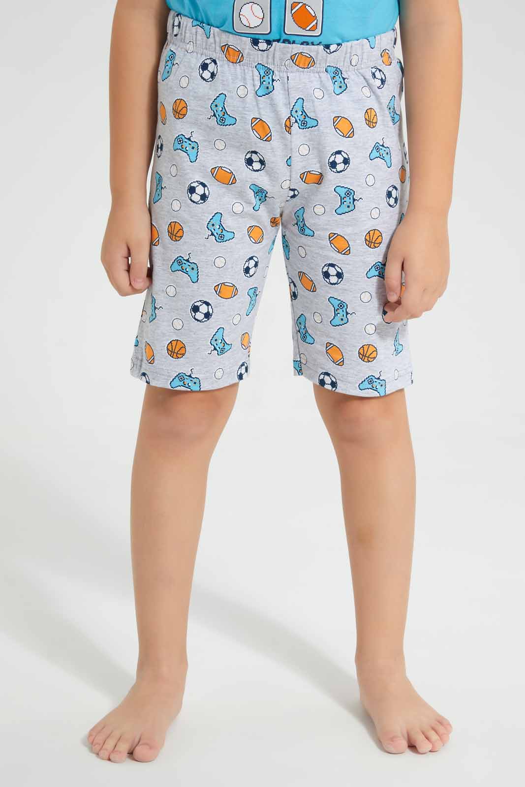 Redtag-Blue-Game-Print-T-Shirt-And-Printed-shorts-SPJ-Set-BOY-Pyjama-Sets,-Category:Pyjama-Sets,-Colour:Blue,-Deals:New-In,-Filter:Boys-(2-to-8-Yrs),-New-In-BOY-APL,-Non-Sale,-PPE,-Section:Boys-(0-to-14Yrs),-W22O-Boys-2 to 8 Years