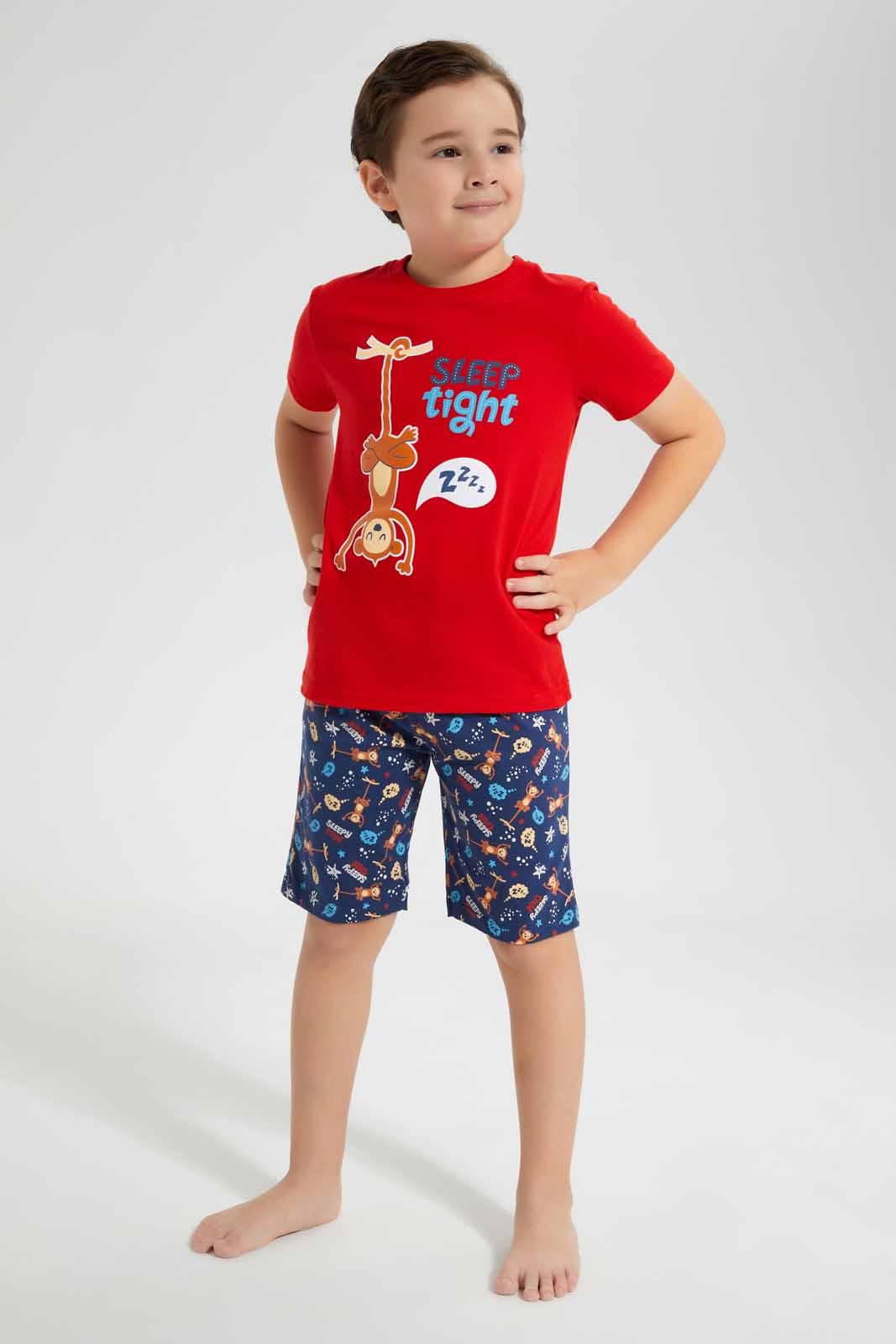 Redtag-Red-Animal-Print-T-Shirt-And-Printed-Short-SPJ-Set-BOY-Pyjama-Sets,-Category:Pyjama-Sets,-Colour:Red,-Deals:New-In,-Filter:Boys-(2-to-8-Yrs),-New-In-BOY-APL,-Non-Sale,-PPE,-Section:Boys-(0-to-14Yrs),-W22O-Boys-2 to 8 Years