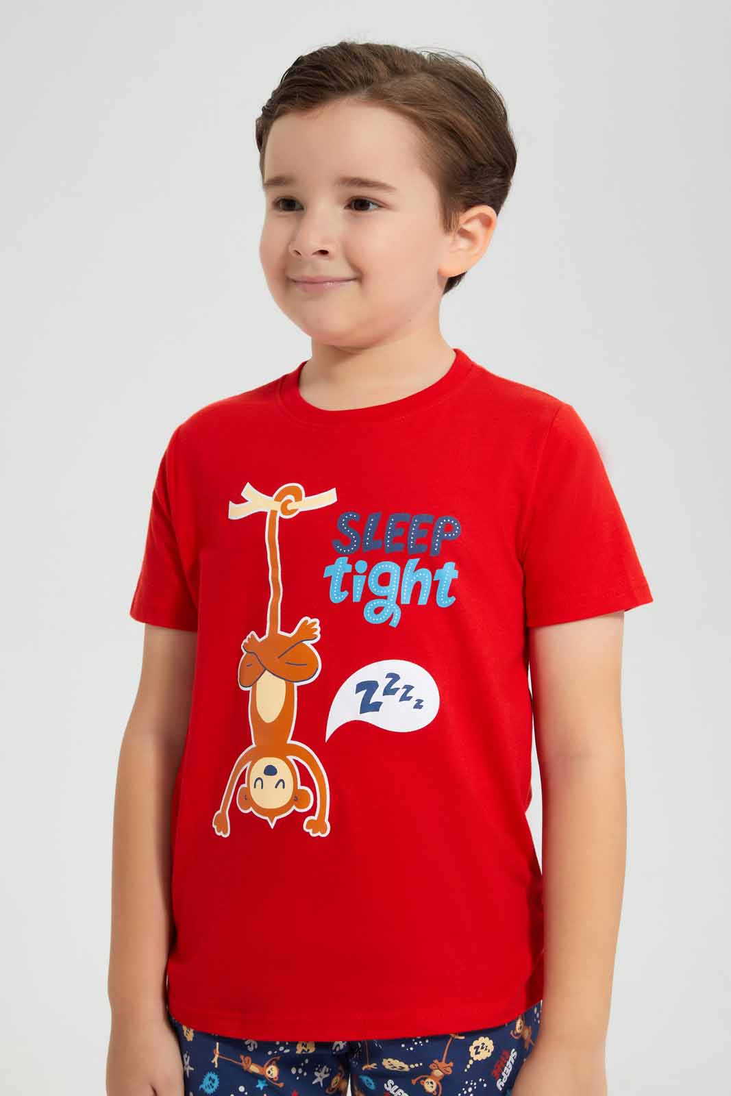 Redtag-Red-Animal-Print-T-Shirt-And-Printed-Short-SPJ-Set-BOY-Pyjama-Sets,-Category:Pyjama-Sets,-Colour:Red,-Deals:New-In,-Filter:Boys-(2-to-8-Yrs),-New-In-BOY-APL,-Non-Sale,-PPE,-Section:Boys-(0-to-14Yrs),-W22O-Boys-2 to 8 Years