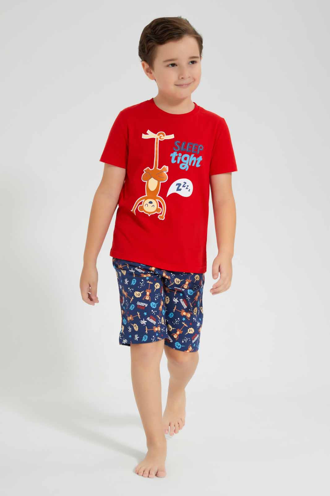 Redtag-Red-Animal-Print-T-Shirt-And-Printed-Short-SPJ-Set-BOY-Pyjama-Sets,-Category:Pyjama-Sets,-Colour:Red,-Deals:New-In,-Filter:Boys-(2-to-8-Yrs),-New-In-BOY-APL,-Non-Sale,-PPE,-Section:Boys-(0-to-14Yrs),-W22O-Boys-2 to 8 Years