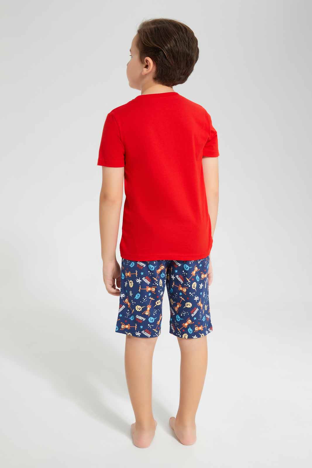 Redtag-Red-Animal-Print-T-Shirt-And-Printed-Short-SPJ-Set-BOY-Pyjama-Sets,-Category:Pyjama-Sets,-Colour:Red,-Deals:New-In,-Filter:Boys-(2-to-8-Yrs),-New-In-BOY-APL,-Non-Sale,-PPE,-Section:Boys-(0-to-14Yrs),-W22O-Boys-2 to 8 Years